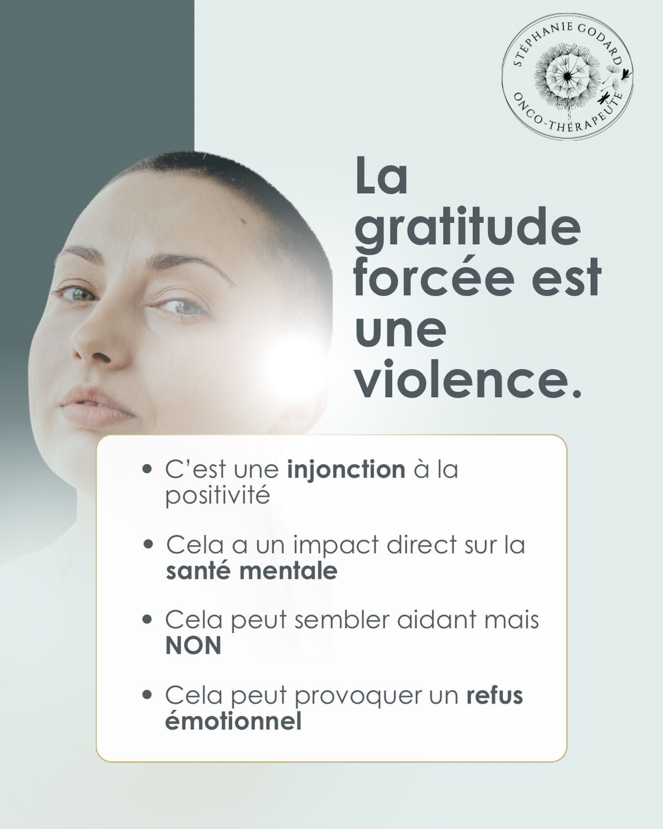 “La gratitude forcée est une violence.”
On ne le dit pas assez.
Dans le contexte du cancer, demander à quelqu’un de “voir le positif” n’est pas neutre.
⚠️C’est une injonction à la positivité.
Et en psycho-oncologie, on sait qu’une injonction, même bien intentionnée, a un impact direct sur la santé mentale.
👉🏻 Ce que cette injonction impose, en réalité :
🔸 De filtrer ses émotions
🔸 De taire la peur, la colère, l’épuisement
🔸 De se conformer à une image de “patient courageux”
Autrement dit, s’éloigner de soi pour rassurer les autres.
👉🏻 Ce que cela provoque chez les patients :
🔸 Un sentiment de décalage intérieur
🔸 Une culpabilité de ne pas “réussir” à être positif ou de ne pas être “assez positif”
🔸 Une solitude émotionnelle profonde (“je ne peux même pas dire ce que je ressens vraiment”)
Parce qu’en période de traitements lourds et après-cancer, ne pas pouvoir exprimer ce que l’on ressent isole davantage que la maladie elle-même.
👉🏻 La gratitude n’est pas un problème mais elle ne peut exister que si elle est authentique.
🔸 Pas imposée
🔸 Pas suggérée
🔸 Pas attendue
🔸 Pas exigée
Sinon, elle devient un mécanisme de défense. Et parfois, une forme de négation émotionnelle.
👉🏻 En accompagnement, j’observe souvent ceci :
Quand une personne se sent autorisée à déposer :
✅ sa peur de la rechute
✅ sa fatigue
✅ son ambivalence
✅ sa colère
Alors seulement, des mouvements d’apaisement et parfois de gratitude réelle peuvent émerger. Pas l’inverse.
❌ Dire “il faut rester positif face au cancer” peut sembler aidant.
Mais en réalité, cela peut renforcer :
➡️ le sentiment d’incompréhension
➡️ l’isolement psychique
➡️ la difficulté à vivre l’après-cancer
🩶 Changer de posture est essentiel :
🧰 Écouter sans corriger
🧰 Accueillir sans orienter
🧰 Laisser exister les émotions
➡️C’est là que le travail thérapeutique commence réellement.
💬 Et vous ?
Avez-vous déjà ressenti cette pression à devoir être positif pendant votre cancer ou en après-cancer ?
#cancer #aprescancer #oncoach #cancercoaching #santementale