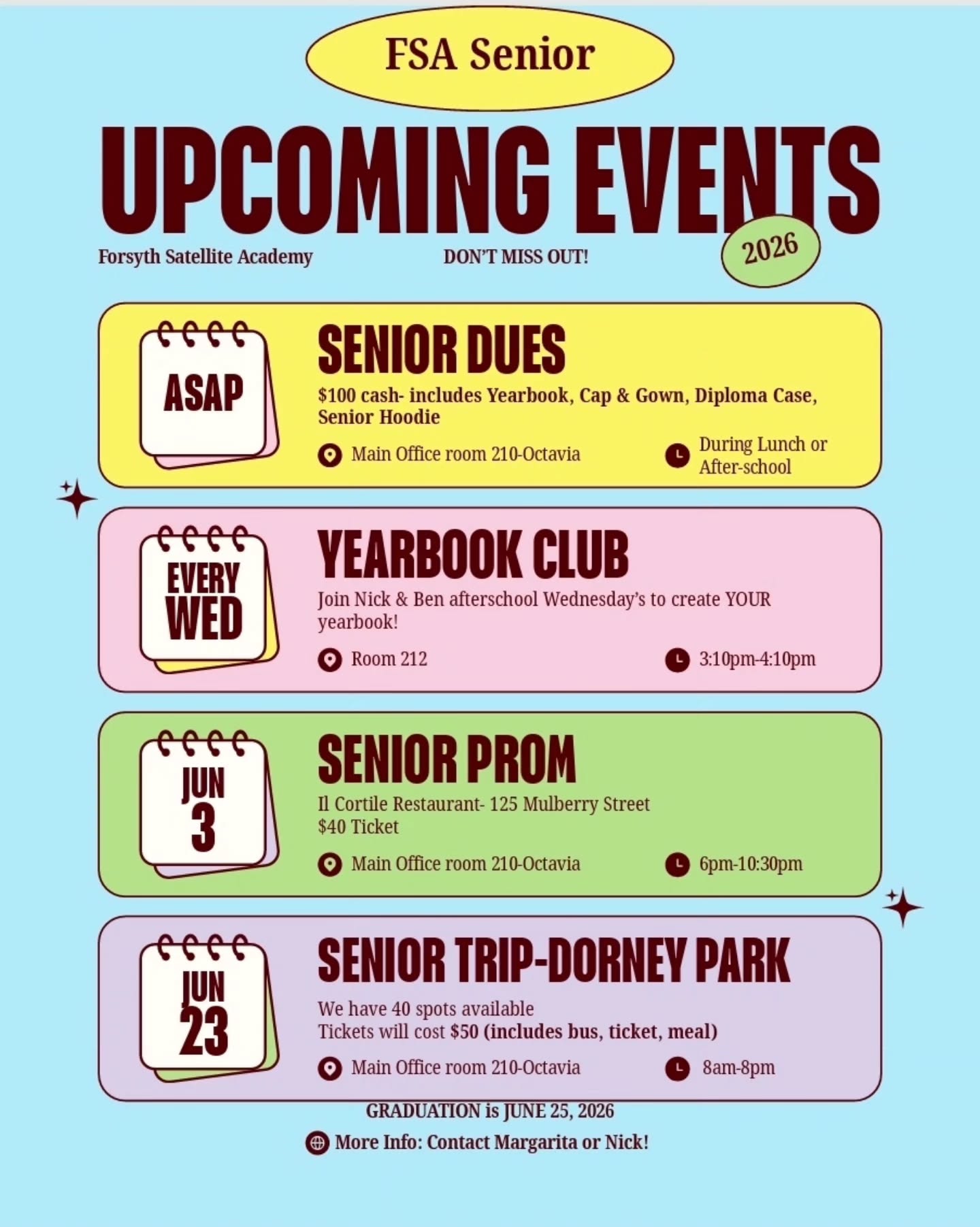 Hey Forsyth Class of 2026! Just a few reminders. Senior Dues are do ASAP. Yearbook club meets on Wednesdays after school. The Senior Prom is on June 3rd, and your final Senior Trip is on June 23rd. Graduation will be held on June 25th. If you have any questions, need some more info, or are ready to submit your payments, please see Margarita or Nick.
#seniors #classof2026 #forsyth #graduation #seniorprom