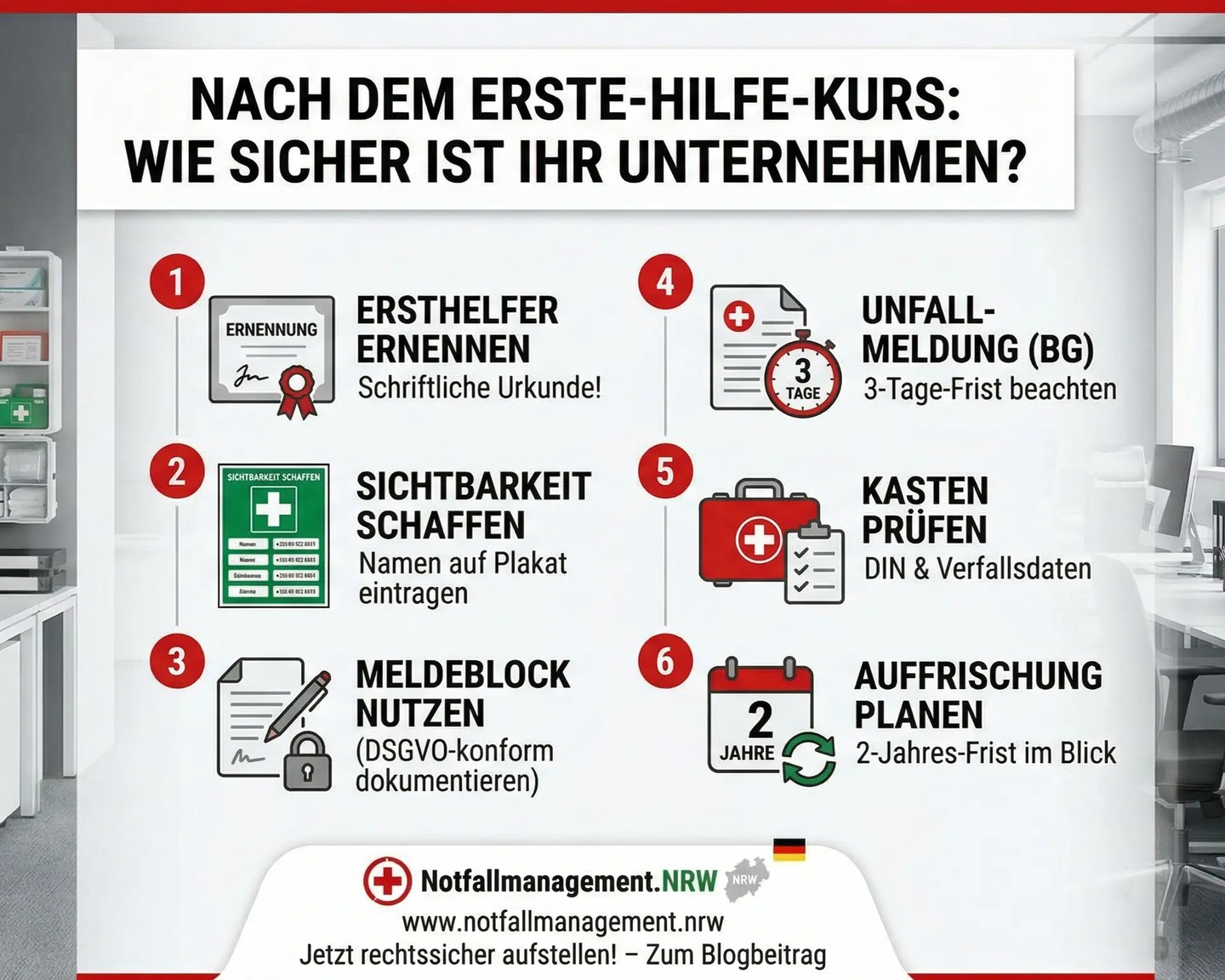 Erste-Hilfe-Kurs absolviert — und jetzt? Sie haben Ihr Team geschult. Sehr gut 💪.Damit endet die Arbeit aber leider nicht. Wir zeigen Euch, was gesetzlich jetzt folgt: Ernennungsurkunde, sichtbares Erste‑Hilfe‑Plakat, DSGVO‑konforme Meldeblöcke, lückenlose Dokumentation, 3‑Tage‑Unfallmeldung an die BG und regelmäßige Kastenprüfungen. Außerdem: Auffrischung alle 2 Jahre.
Als Ihr Partner vor Ort — von Hamm‑Werries und Heessen bis Soest, Lippstadt, Werl — und landesweit in NRW- bieten wir Inhouse‑Erste‑Hilfe‑Kurse an.Die Vorlagen, die Ihr für DGUV und ArbSchG braucht, natürlich auch 😉 Praxisnah, rechtssicher.
Kontaktiert uns für einen Termin in Eurer Einrichtung / Eurem Betrieb. Link zum Blog- Beitrag in der bio
#NotfallmanagementNRW #InhouseSchulung #ErsteHilfeKurs #Betriebsarbeitsschutz #Hamm #KreisSoest #Arbeitsschutz