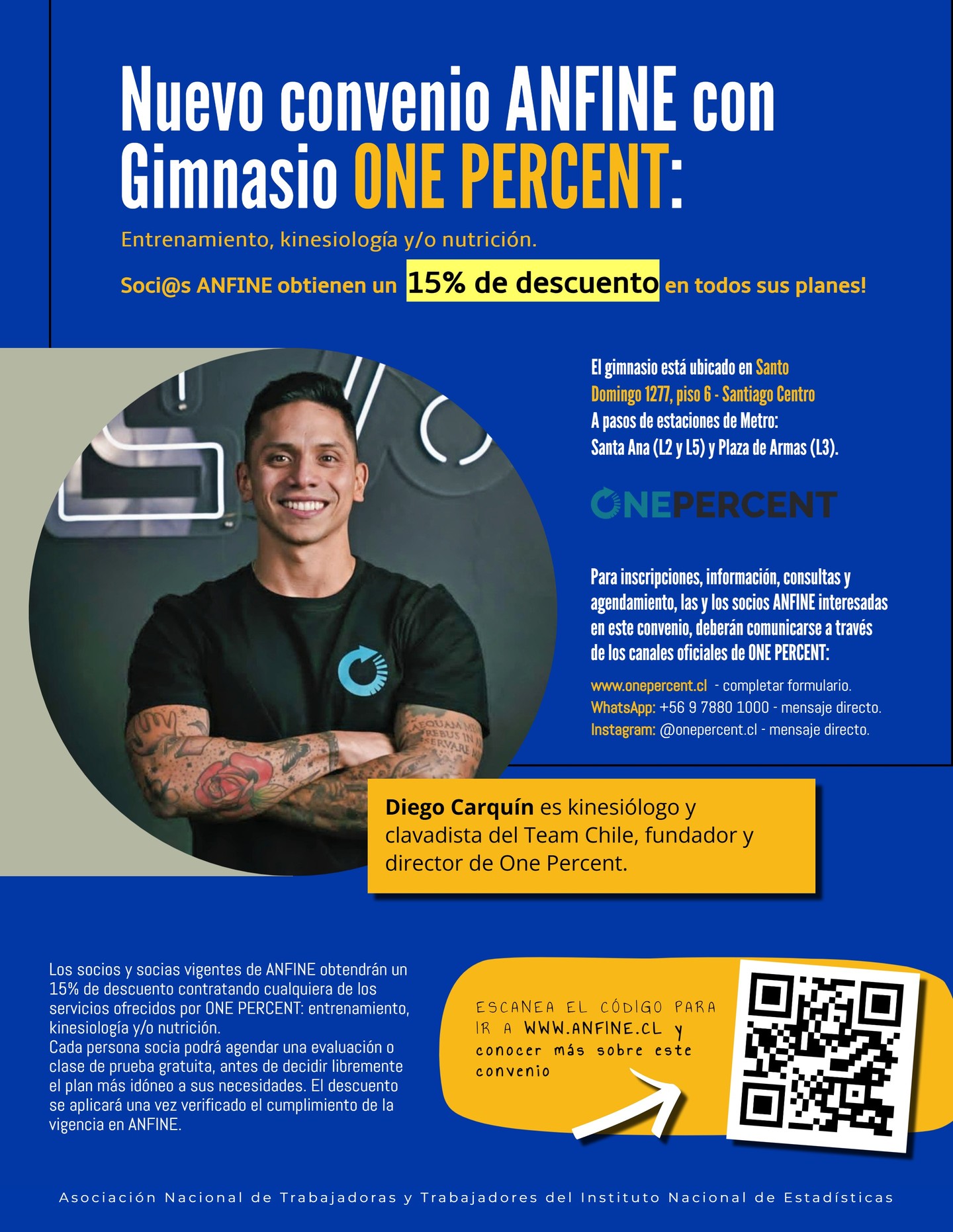 🤝 NUEVO CONVENIO ANFINE & GIMNASIO ONE PERCENT
📢 Atención socias y socios vigentes de ANFINE: ya está disponible un nuevo convenio con ONE PERCENT, que entrega 15% de descuento en servicios de entrenamiento personalizado, kinesiología y nutrición deportiva.
✅ Además, podrán acceder a una evaluación o clase de prueba gratuita para elegir el plan que mejor se ajuste a sus necesidades.
Visita en sus redes a OnePercent y aprovecha sus beneficios:
@onepercent.cl
🔗 Revisa la noticia en www.anfine.cl
#ANFINE #ConvenioANFINE #OnePercent #SaludYBienestar #Entrenamiento #Kinesiología #Nutrición #BeneficiosANFINE