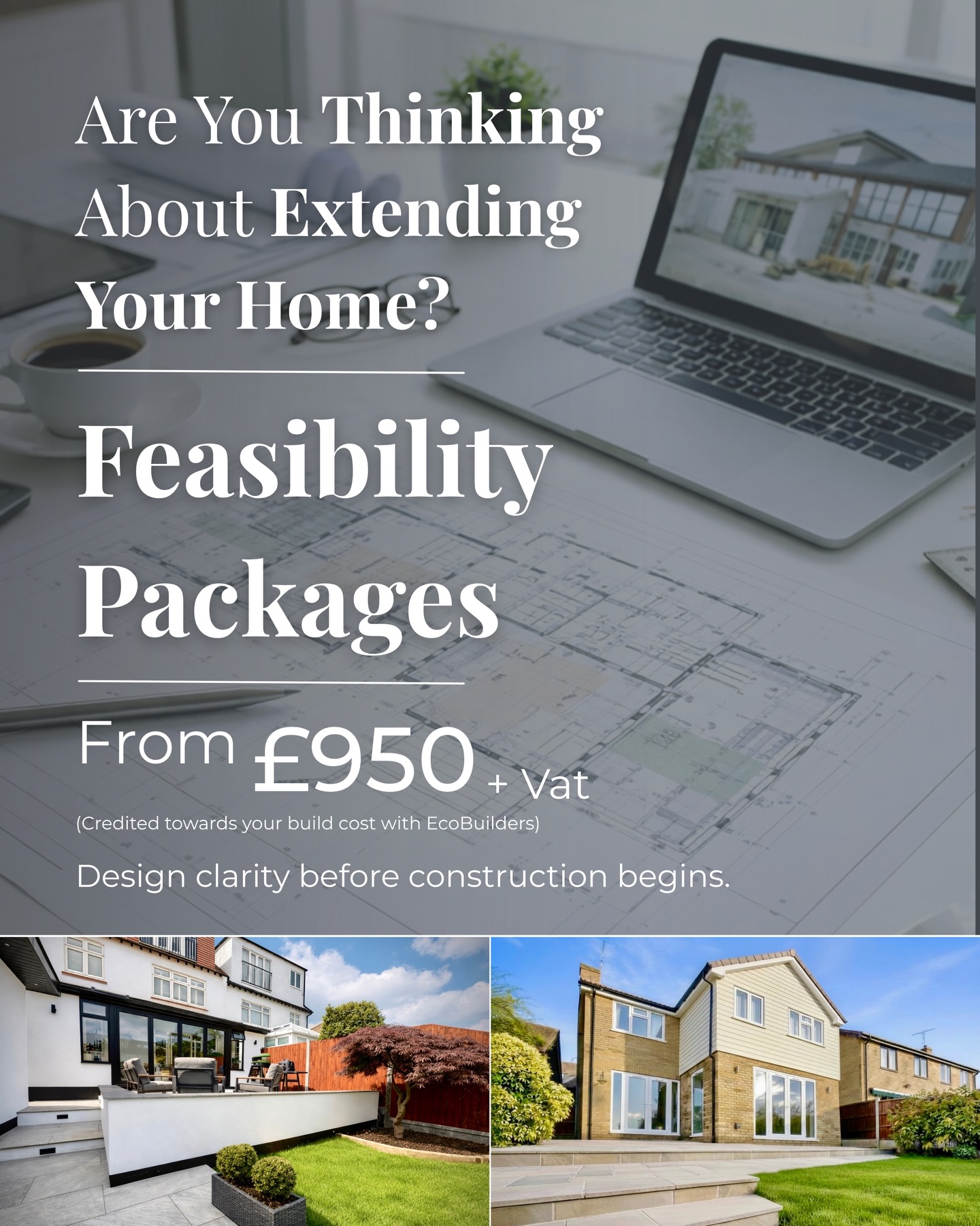 Every successful extension or renovation begins with a clear plan.
Our EcoBuilders Feasibility Packages are designed for homeowners who want to fully understand their project before committing to architectural drawings or construction.
Through a structured process, we assess design possibilities, planning considerations and realistic build costs so your project starts with clarity, not uncertainty.
Feasibility Packages
From £950 + VAT
✔ Project strategy and planning guidance
✔ Architectural liaison
✔ Investment and build cost guidance
✔ Design clarity before construction begins
As part of our structured process, the EcoBuilders feasibility fee is credited towards your build cost should you proceed with us.
Architectural and third party fees remain separate.
This ensures your project moves forward with the right foundations in place, with clarity at every stage.
EcoBuilders.Green Ltd
Design led residential construction
📍 Essex
📞 07734 256314
✉ info@ecobuilders.green
🌐 www.ecobuilders.green
#EcoBuildersGreen
#HomeExtension
#EssexBuilders
#HomeRenovation
#PropertyDevelopment