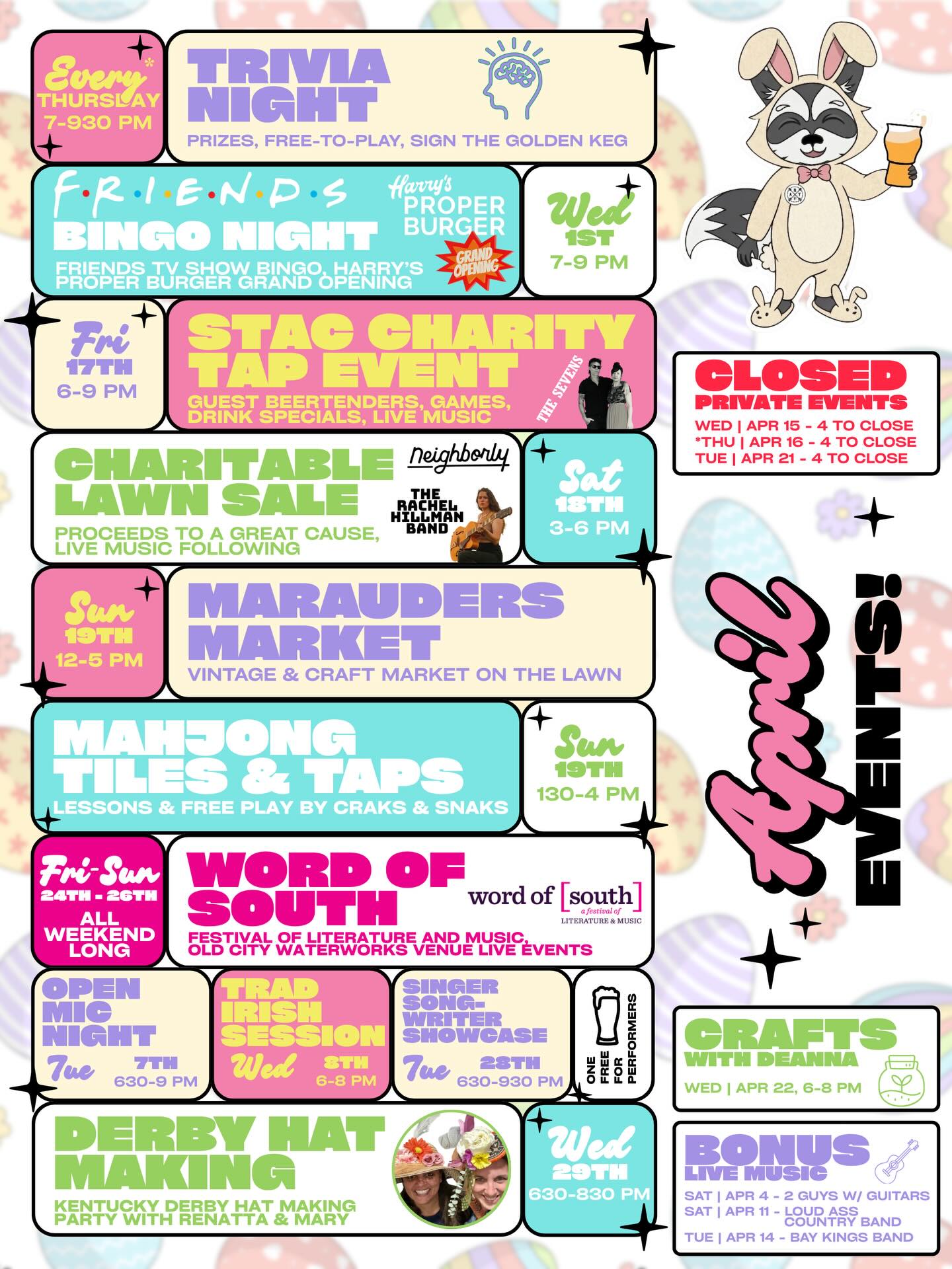 No fooling here. April is jam packed starting TONIGHT with @harrysproperburger Grand Opening and Friends Bingo Night. Hope to see our friends all month long! 🍻