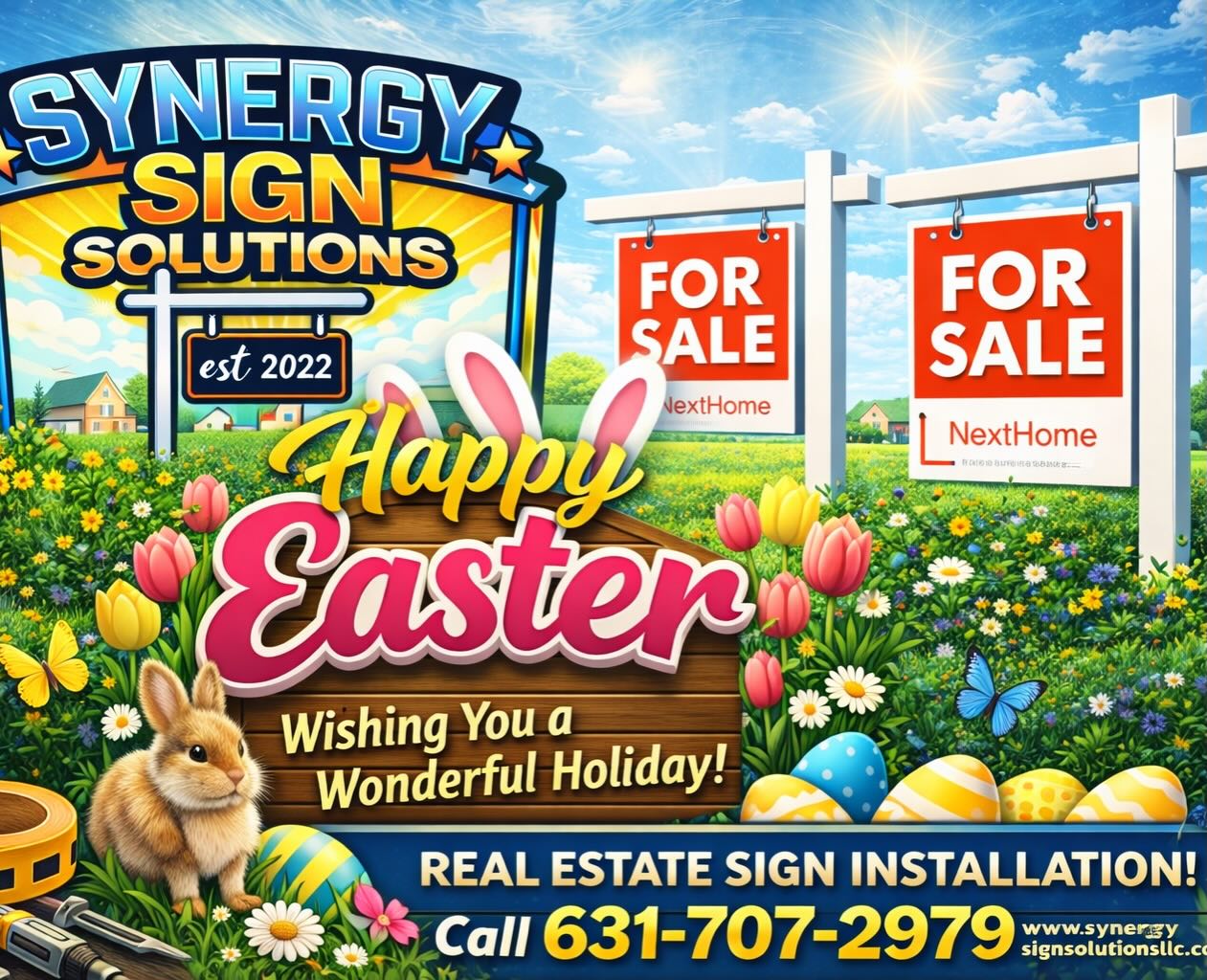 🌷🐰 Happy Easter from Synergy Sign Solutions! 🐰🌷
Spring is here and so are fresh listings! Let us help your properties stand out with clean, professional real estate sign installations.
✔️ Fast & reliable service
✔️ Quality sign setups
✔️ Serving your local market
📞 Call/Text: 631-707-2979
Wishing you a season full of new beginnings, success, and SOLD signs! 🏡✨
#HappyEaster #RealEstateSigns #SignInstallation #RealtorLife #ForSale