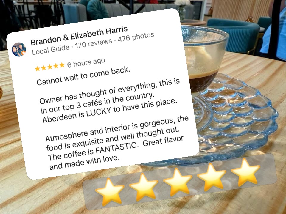 ✨ Guest Love ✨
“Cannot wait to come back… in our top 3 cafés in the country… Aberdeen is lucky to have this place.”
🙌 Wow. We are truly humbled by words like these.
💚 Every detail at Krave is created with intention—from the atmosphere you walk into, to every sip, every bite, and every moment in between. Knowing it’s felt and appreciated means everything to us.
💚 Thank you so much for coming and supporting our locally owned small business. We are so grateful for you—and we cannot wait to serve you again soon. ✨
#weloveKrave #GuestLove #AberdeenSD #fivestars #kraveExperience
