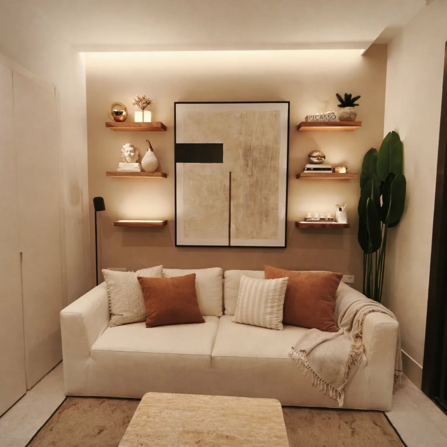 Wall design and a sofa in a small corner of an office in Marbella.
