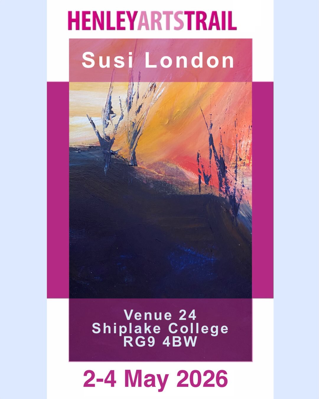 Only a month to go!! So excited to be exhibiting at Shiplake College as part of the2026 #henleyartstrail. Not far from #maidenheadofficial_ #readingtownuk #marlowbuckinghamshire. Come along if you’re an #artcollector or just for fun.