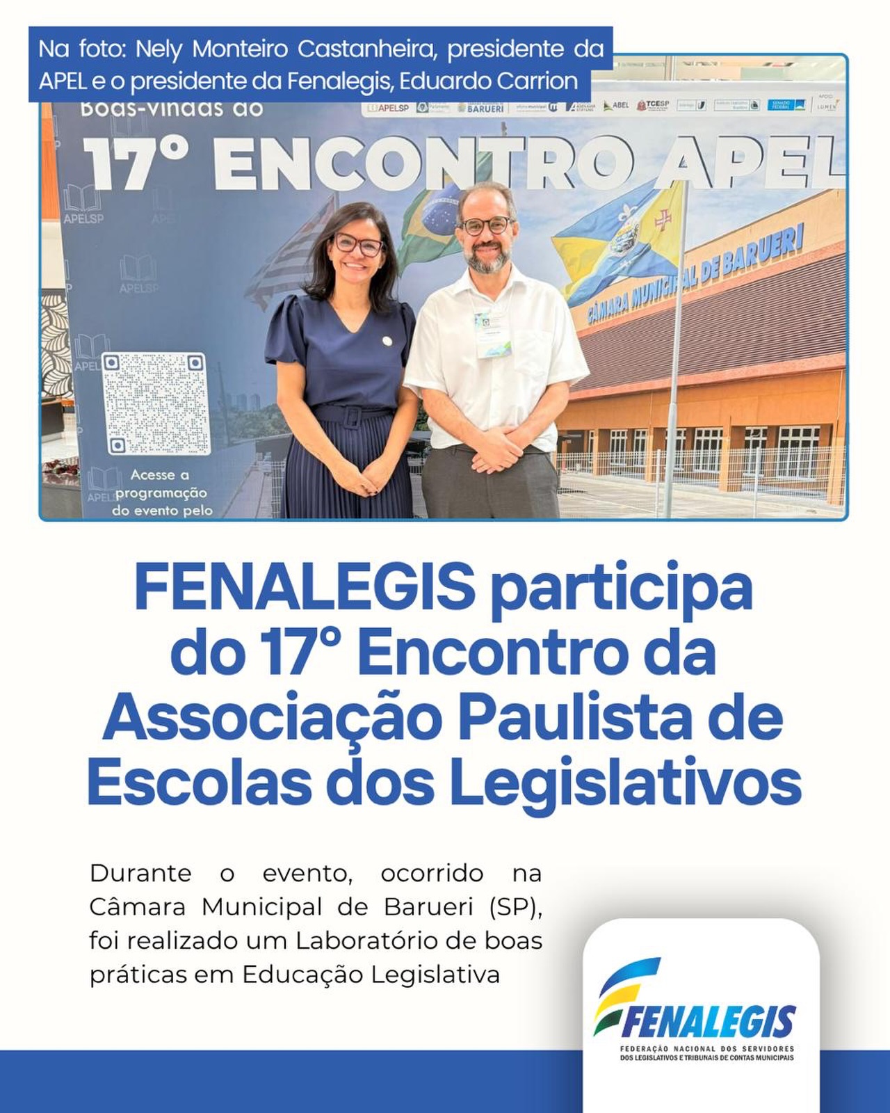 No dia 20 de março, o presidente da Fenalegis, Eduardo Carrion, participou do 17° Encontro da APEL - Associação Paulista de Escolas dos Legislativos, realizada na Câmara Municipal de Barueri - SP.
Durante o evento foi realizado um Laboratório de boas práticas em Educação Legislativa, e houveram apresentações de destaque do Instituto FHC e do INTERLEGIS do Senado Federal.
O Encontro também contou com a brilhante apresentação da presidente do TCE-SP, Dra. Cristiana de Castro Moraes, sobre o Índice de Efetividade da Gestão Municipal (IEGM) como indutor de Políticas Públicas.
.
Na foto: Nely Monteiro Castanheira, presidente da APEL e o presidente da Fenalegis, Eduardo Carrion.
.
.
#fenalegis #apel #legislativosmunicipais