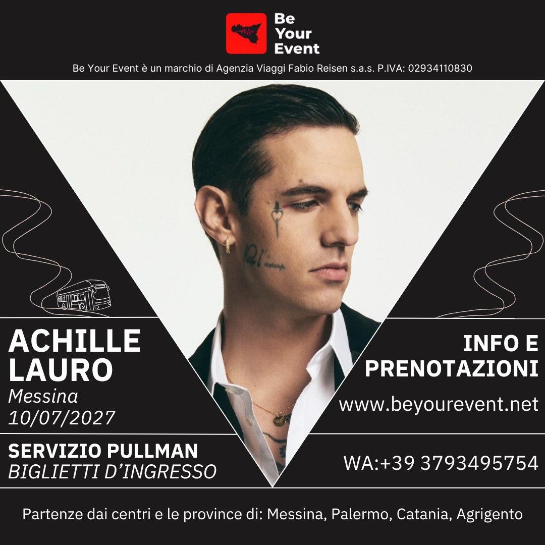 Achille Lauro torna in Sicilia , prenota subito il tuo posto sul pullman e i biglietti d’ingresso ! 🎫🚌❤️
Info e prenotazioni:
www.beyourevent.net
+39 3793495754
#achillelauro #messina #sicilia #eventi #concerto