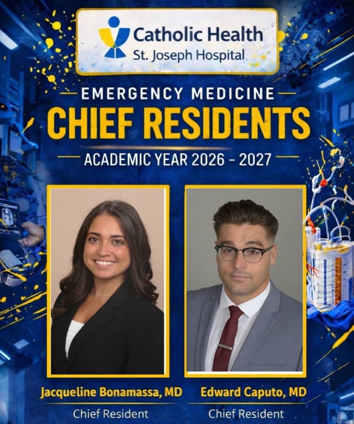 Introducing our Chief Residents for the 2026–2027 academic year 🚑🔥
Congratulations to Dr. Jacqueline Bonamassa and Dr. Edward Caputo!!
We look forward to your leadership in the year ahead.
#EmergencyMedicine #ChiefResidents #CatholicHealth #StJosephHospital #emra