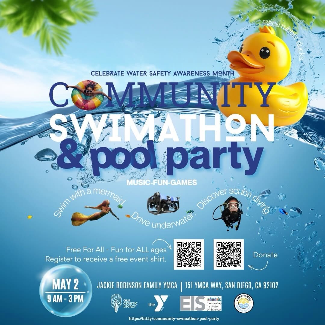We’re officially LIVE! 💧🏊🏽♀️
Fundraising and registration is now open for our Community Swimathon & Pool Party at the Jackie Robinson Family YMCA, kicking off Water Safety Awareness Month with a fun, family-friendly day in the pool.
This event is part of a national effort in partnership with Blue Futures Aquatic Project, @divingwithapurpose, @tnaquaticproject, @seascopeinc, @syatt_cle. We’re excited to represent the West Coast and build community alongside our local partners, including @jackierobinsonymca, @eissandiego, and @paddleforpeace.
📅 Event Date: May 2, 2026
🕘 Time: 9:00 AM – 3:00 PM
📍 Location: Jackie Robinson Family YMCA Pool, 151 YMCA Dr., San Diego, CA 92102
💻 Fundraising Window: April 4 – May 2 (pledges must be fulfilled by May 15)
How it works:
✅ Swimmers raise money through per-lap pledges (30-minute lap round) or flat donations
🏆 Top fundraiser wins a Discover Scuba experience at the event
Fun for the whole family:
🏊🏽♀️ Timed lap swim rounds + pool party activities all day
🧜🏾♀️ Swim with a mermaid (Mermaid Encounter + photo moments)
🚀 Underwater ROV demo
🤿 Discover Scuba demo with @socalblackscubadiversnorkelers
💰Support our swimmers: https://bit.ly/support-swimathon
🎉 Register to attend (and get a free t-shirt) : https://bit.ly/communitypoolparty
Let’s build water confidence, celebrate community, and make a splash for youth programs. 🌊
#OurGeneticLegacy #WaterSafetyAwarenessMonth #Community #Swim SanDiego
