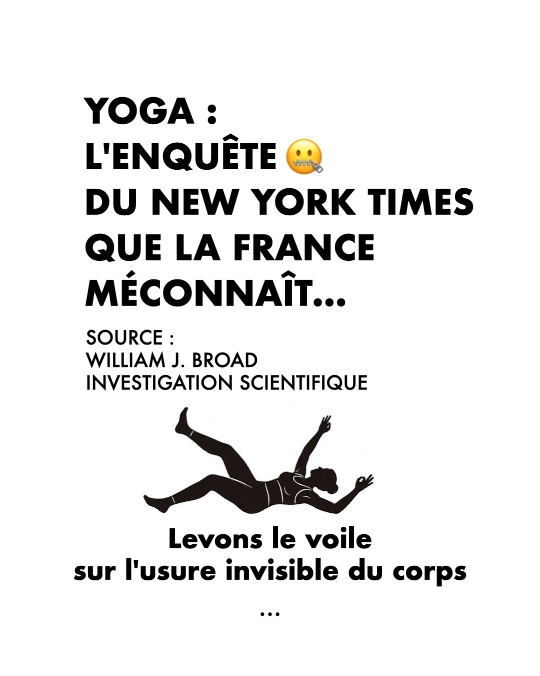 Protéger votre corps, dans vos postures 🤝
Pourquoi personne ne parle de l’enquête du New York Times ? 🤐
En 2012, une investigation scientifique majeure a révélé une réalité que le milieu du Yoga méconnaît encore trop souvent : l’usure invisible des corps sous l’effet d’une pratique sans repères anatomiques. 📉
Si vous avez mal, sachez une chose : ce n’est pas votre faute. ❤️
On se sent si bien sur le tapis qu’on ne peut pas imaginer que on use en silence ses articulations.
Ce n’est pas un manque de volonté de votre part, c’est simplement un manque de repères techniques.
Avec Serge, nous sommes là pour vous aider à lever le voile. 💡
Nous refusons de voir des pratiquants désemparés, pensant que leur corps « ne suit pas ». Votre corps est une merveille d’intelligence, il a juste besoin du bon mode d’emploi : l’anatomie appliquée.
Il est temps de sortir des croyances pour retrouver la sécurité. ✨
Dans ce carrousel, nous vous partageons les 3 alertes essentielles pour que votre Yoga reste un chemin de joie et de santé, sans usure précoce.
Vous voulez enfin comprendre ce qui se joue réellement sur votre tapis ?
👇 Commentez « TABOU » pour recevoir en message privé le lien direct vers notre dossier complet et bienveillant sur le blog.
LIEN EN PREMIER COMMENTAIRE SUR FACEBOOK
Pratiquons en conscience. Prenons soin de vous. ✨
Cath & Serge Yoga & Yogathérapie Posturale 🏛️✨⚖️
#YogaTherapie #Aplomb #Anatomieappliquée #biotensegrite #CathEtSergeYoga