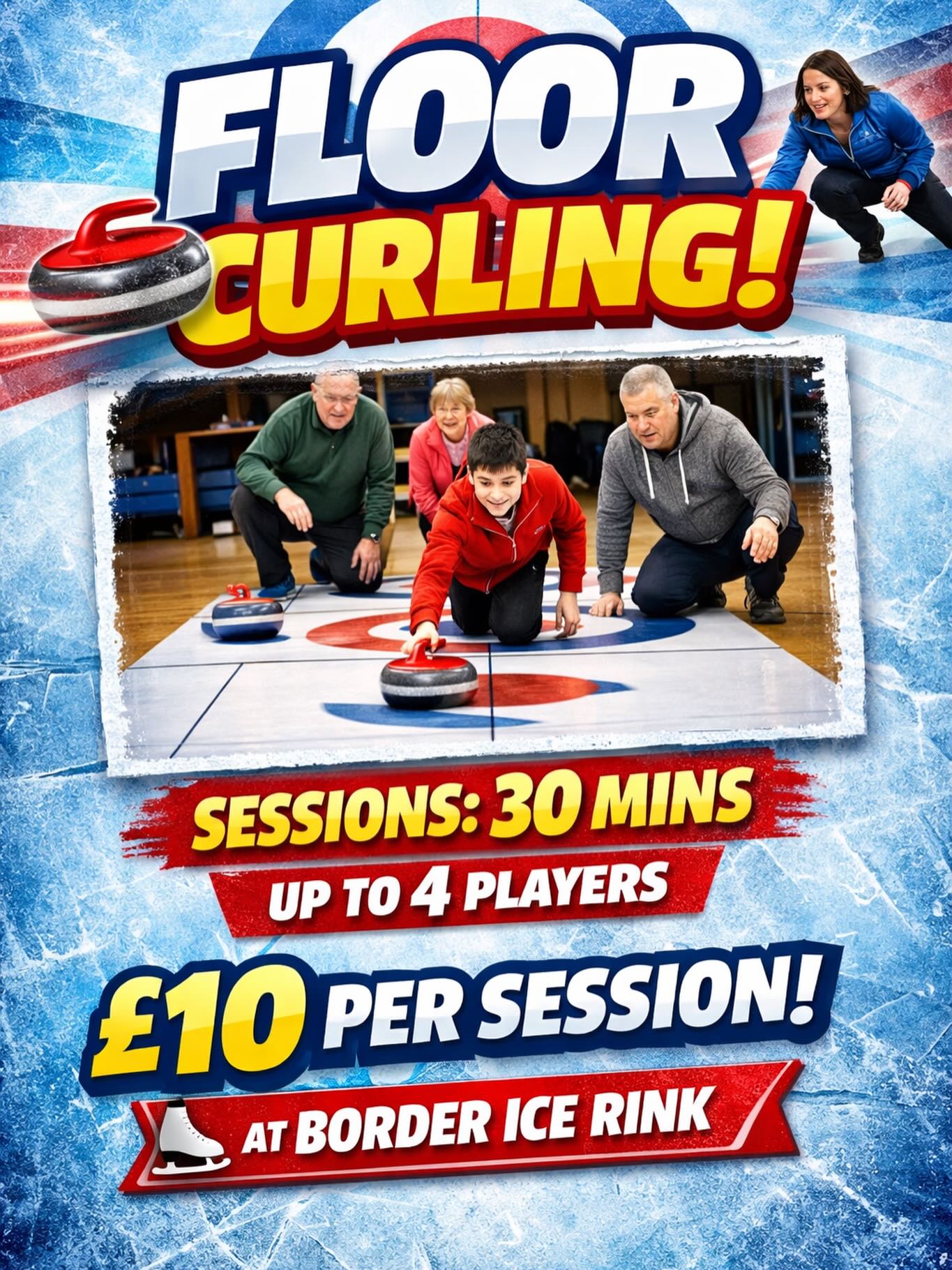 🥌 Try Floor Curling at Border Ice Rink!
Looking for something fun, social, and a little competitive? Give floor curling a go!
⏱️ 30-minute sessions
👥 Up to 4 players per session
💷 Just £10 per session
Perfect for friends, families, or a quick challenge—no experience needed!
📍 Border Ice Rink
Details of how to book coming very soon.
Book your slot and see who’s got the best aim 👀
