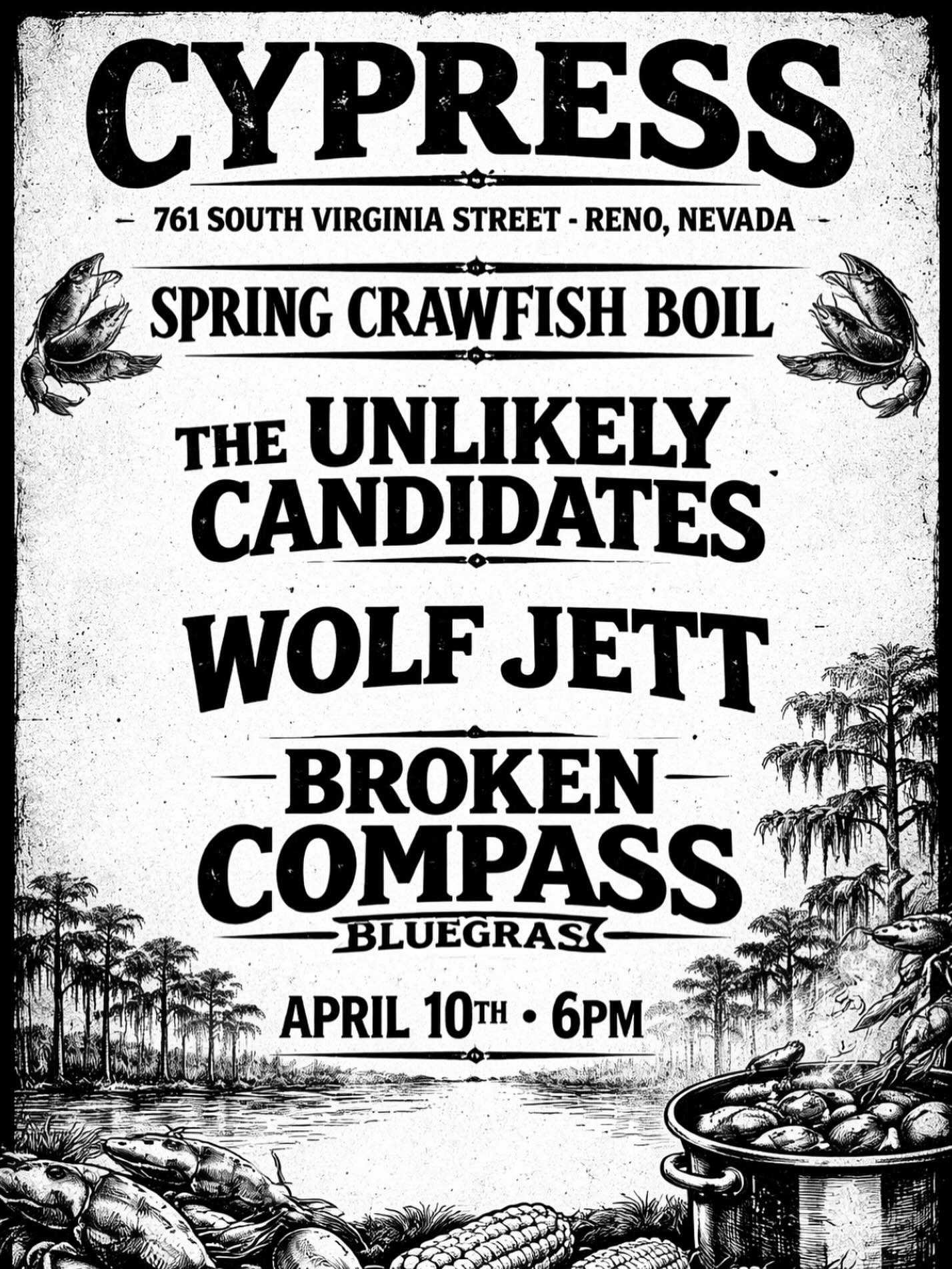 The back to Spring party you’ve been waiting for. Louisiana style crawfish boil & music by Unlikely Candidates, Wolf Jett & Broken Compass
The back to Spring mini fest you have been waiting for! Featuring a authentic gulf style crawfish boil, our new spring beers including a custom brewed Cypress lager. As well as music from amazing bands. Starting at 6pm and ending around midnight.
Bands:
The Unlikely Candidates is an American indie rock band from Fort Worth, Texas, known for their moody, atmospheric sound that blends alternative rock with electronic and pop influences. Fronted by Kyle Morris, the band gained widespread attention with their breakout single “Novocaine,” which topped alternative radio charts and showcased their dark, cinematic style and introspective lyrics.
Wolf Jett is a high-energy Americana and folk-rock band known for blending gritty storytelling with infectious grooves and soulful harmonies. Rooted in the spirit of modern roots music, the band mixes elements of folk, rock, blues, and funk to create a sound that feels both timeless and fresh. Their performances are driven by dynamic rhythms, rich vocal layers, and an undeniable stage presence that turns every show into a communal, dance-filled experience. Whether delivering heartfelt ballads or foot-stomping anthems, Wolf Jett brings a raw, authentic energy that resonates with audiences everywhere.
Broken Compass Bluegrass is a modern bluegrass powerhouse that pushes the boundaries of traditional acoustic music while honoring its roots. Featuring lightning-fast picking, tight vocal harmonies, and high-energy live performances, the band blends classic bluegrass instrumentation with fresh songwriting and a contemporary edge. Their sound moves seamlessly between hard-driving barn-burners and heartfelt acoustic moments, creating a vibrant experience that appeals to both longtime bluegrass fans and new listeners alike.
#crawfishboil🦞🦀🦐 #minifest #cypressreno #midtownreno #springvibes #bluegrass #indie