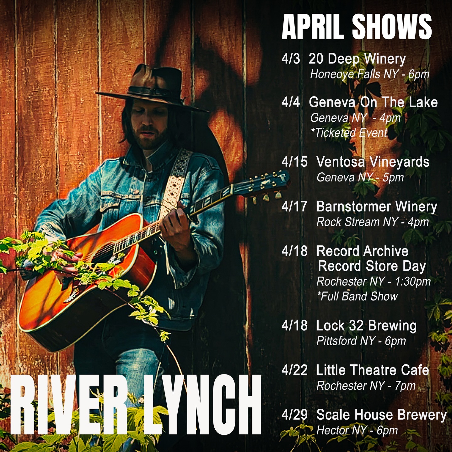 April Shows •Solo & Full Band• Here’s where I’ll be this month, see ya out there…
4/3 - @20deepwinery
4/4 - @genevaonthelakeresort *ticketed event
4/15 - @ventosavyds
4/17 - @barnstormerwinery
4/18 - @recordarchive Record Store Day
^Full Band Show
4/18 - @lock32brewco
4/22 - @thelittletheatre Café
4/29 - @scalehousebrews