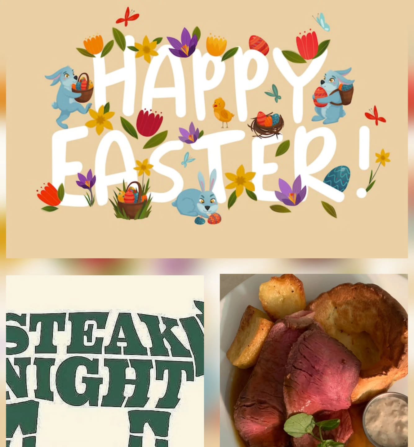 Happy Easter Weekend
As an Easter special we are going to offer our Steak Night Friday and Saturday evening
Two Steaks for £25
Choose either a 8oz Sirloin or a 10oz Rump served with Roasted Tomato and Mushroom and Chips, add a sauce for £1
Give us a call to book 01536 770268