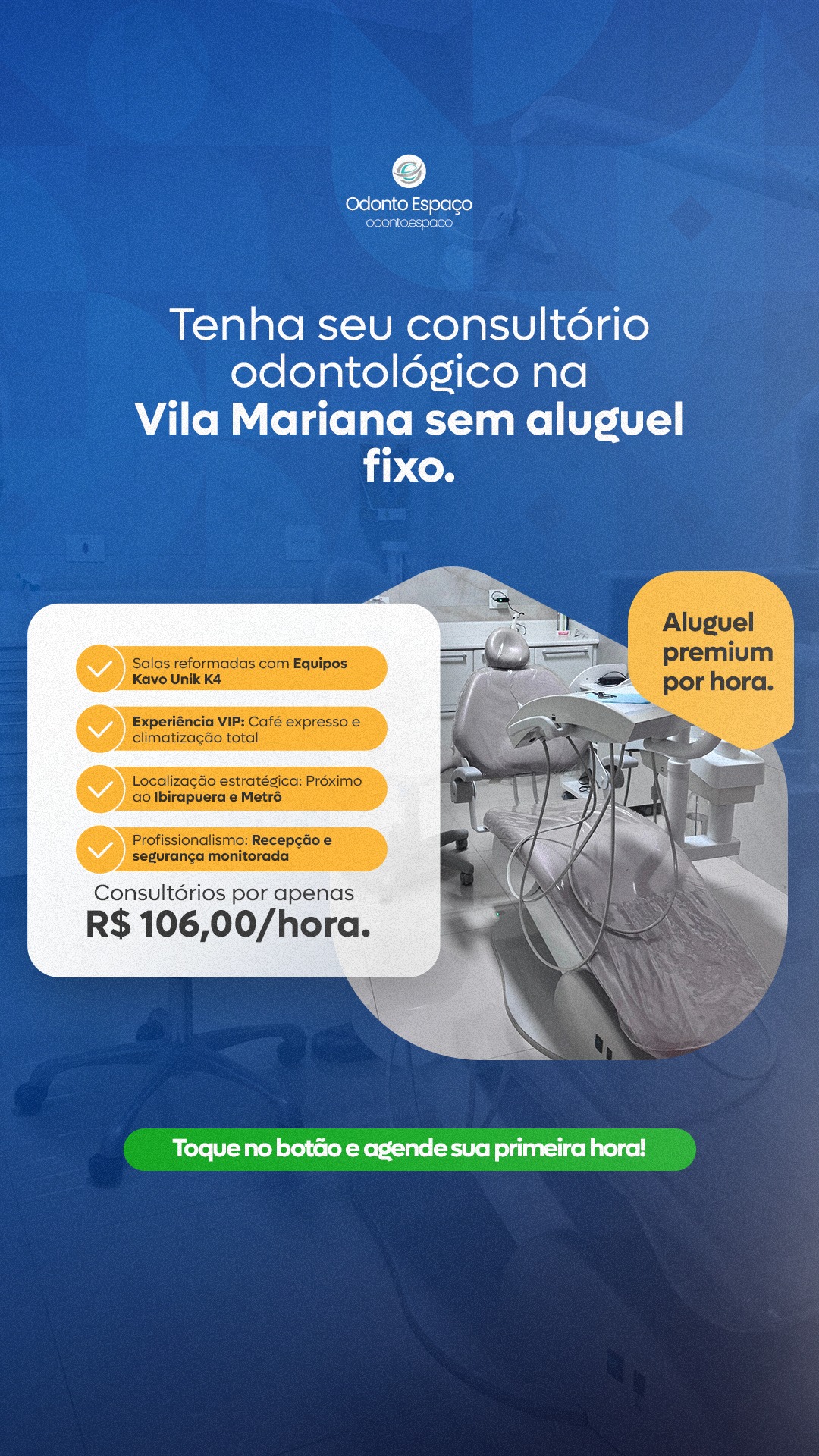 📍✈️ Seu consultório odontológico de alto padrão na Vila Mariana, sem custos fixos! 💎
Na OdontoEspaço, você foca no atendimento e nós cuidamos da estrutura de elite que você e seus pacientes merecem. Pague apenas pelo tempo que usar (Pay-per-use)! ⚙️🦷
✅ Infraestrutura Moderna: 04 salas recém-reformadas com Equipos Kavo Unik K4 e ar-condicionado.
✅ Experiência VIP: Sala de espera ampla, Wi-Fi gratuito e menu de cafés (Expresso, Cappuccino e Chocolate) para seus pacientes! ☕✨
✅ Localização Estratégica: Fácil acesso, 15 min do Metrô Ana Rosa, próximo ao Ibirapuera e Congonhas. 🚶🏼♀️🌳
✅ Profissionalismo e Segurança: Recepção para controle de entrada e ambiente monitorado por câmeras. 🛡️👤
💰 Atenda em um dos melhores pontos de São Paulo por apenas R$ 106,00/hora. 📈
📲 Mande-nos uma mensagem para consultar a disponibilidade e agendar sua primeira hora! 📩🏃🏼♀️
#Odontologia #CoworkingOdontologico #DentistasSP #VilaMariana #OdontoEspaco #ConsultorioPremium #LocacaoPorHora #KavoUnikK4 #GestaoOdontologica
