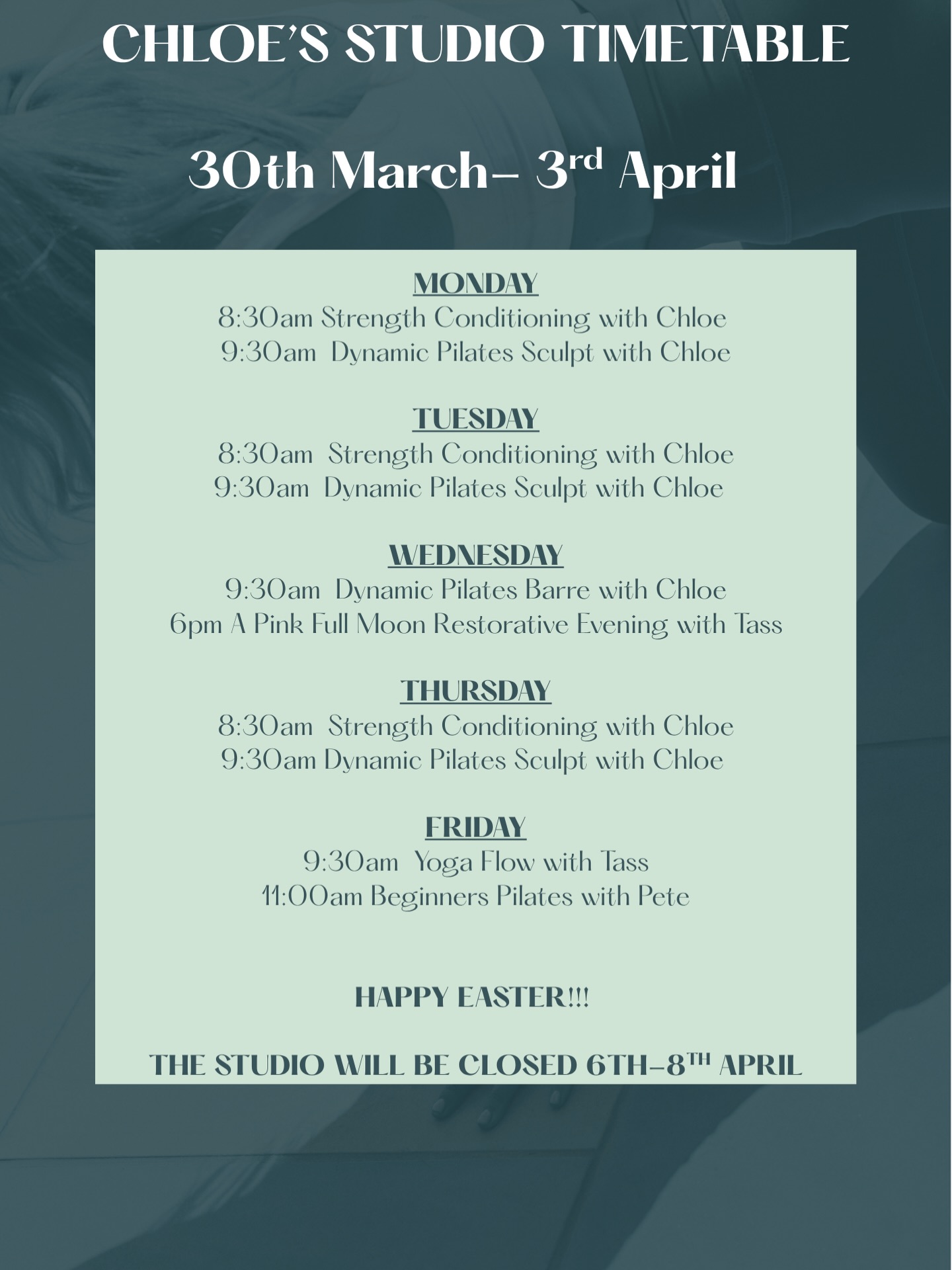 🐣 Easter timetable is here 🌿✨
We’re open from 30th March – 3rd April, with a slightly reduced timetable - a few classes won’t be running, so be sure to check the schedule before booking 🤍
Alongside your favourite strength, Pilates, barre and yoga classes, we also have a 🌕 Full Moon Evening with Tass on Wednesday 1st April. A gorgeous, slow and restorative evening to help you unwind, reset and reconnect. The perfect midweek pause ✨
Please note:
🐣 The studio will be closed 6th–8th April
We’re welcoming children aged 12+ to join classes over the Easter break — a lovely way to move together and introduce them to Pilates and Strength 🤍
Book your space via the link in bio ✨
Huge love Chloe x
#chloesstudio #cotswolds #cotswoldslife #workout
