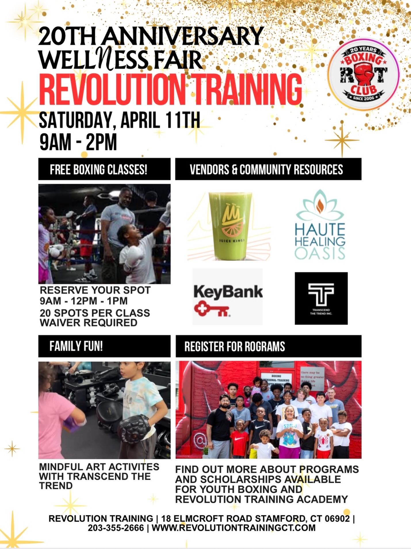 YOU’RE INVITED!
Revolution Fitness Youth Boxing & Revolution Training are hosting a 20th Anniversary Wellness Fair!
April 11th
9AM-2PM
Are you going?
@train_with_ahmad
@revolutiontrainingct
@rfyouthboxingct
@revolutiontacademy
#wellness
#familyhealth
#boxingfamily