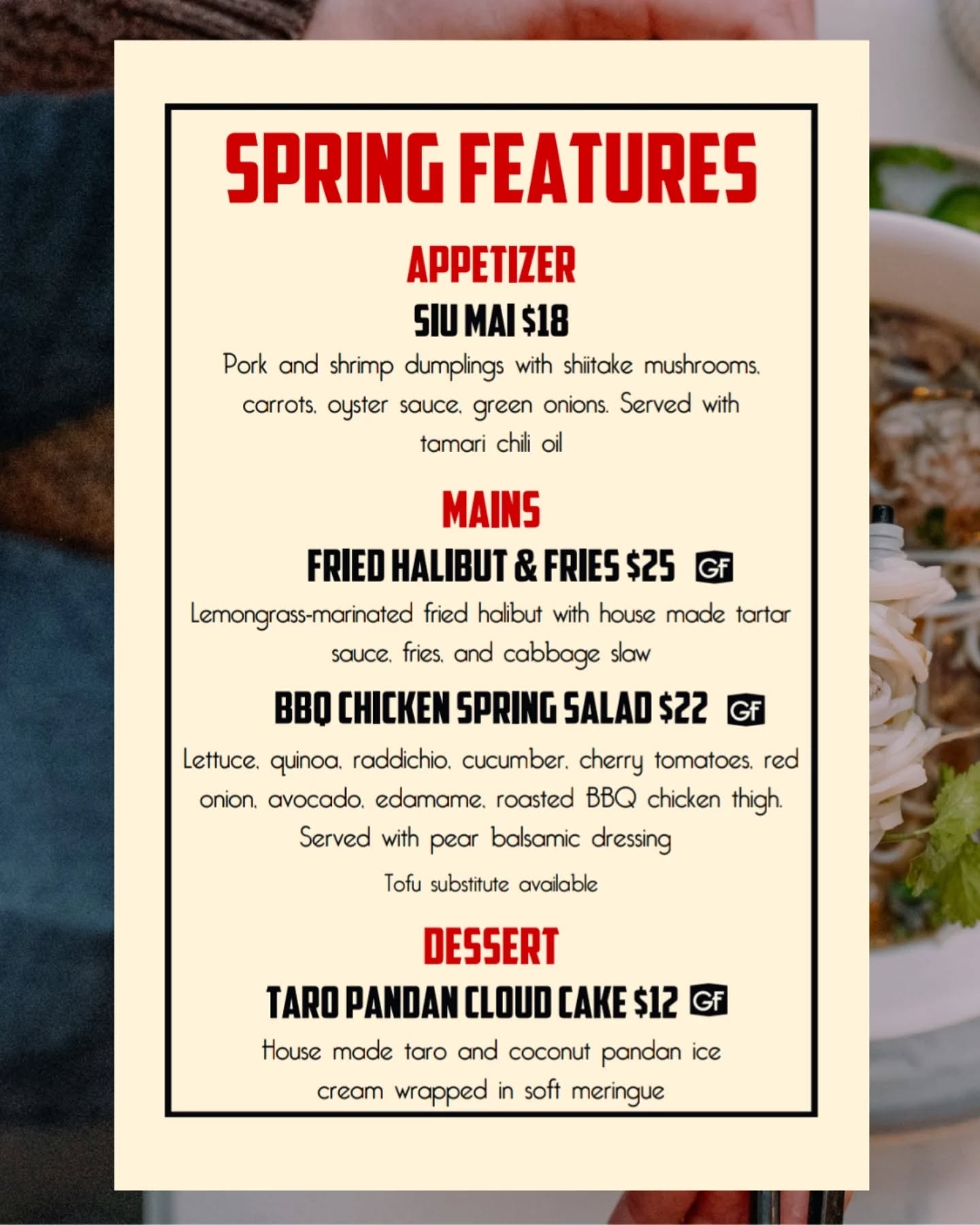 Spring has sprung, Son!
Swing by and check out our new Spring feature menu, lean into the new fresh season with us.
#YumSon #VietModern #NelsonBC
________________________________________________
