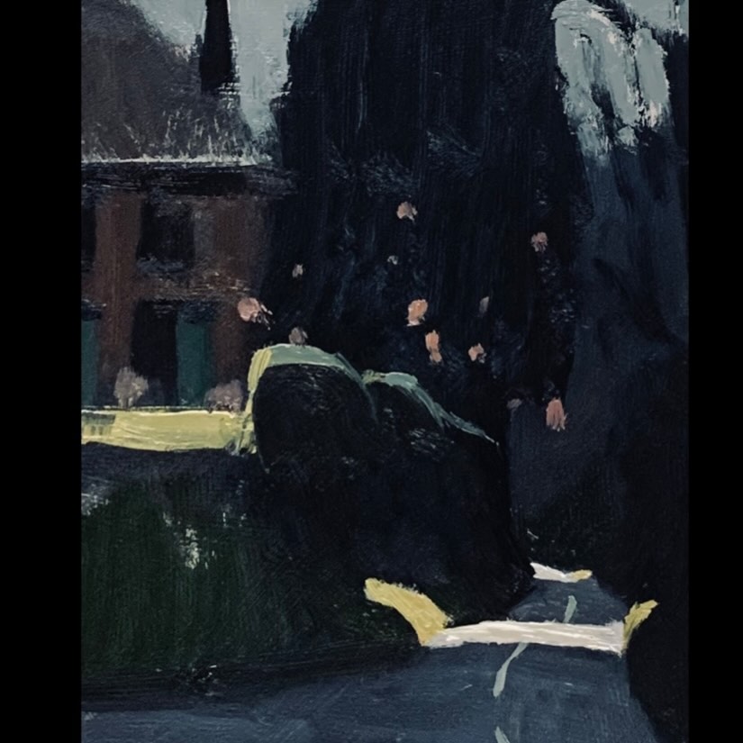 I have driven around this road bend for thirty years but today was the day I finally got to paint it. I have always enjoyed the the green door of the brick cottage perched high up against the descending lane and its garden has a nice collection of Rhododendrons that when in flower (now) send their flouncy blooms up into the tree canopy and over the road.
Whatlington.
#whatlington #pleinair #oilpainting