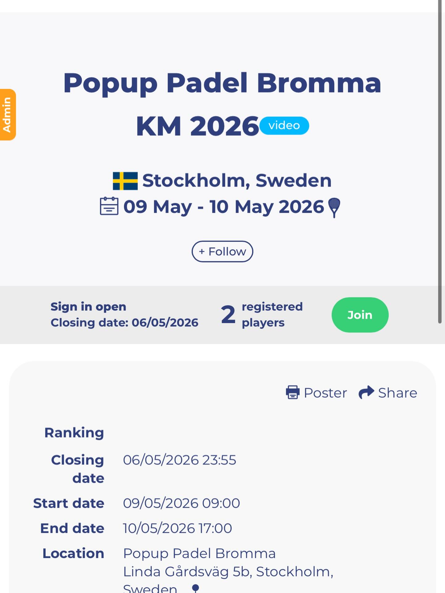 KM 2026! Nu ligger anmälan ute för vårt första KM🔥 Uppdelat i olika klasser: Herr A, Herr B, Dam A, Dam B och Mix. Anmälan sker på Rankedin! https://www.rankedin.com/en/tournament/67086/popup-padel-bromma-km-2026/info
