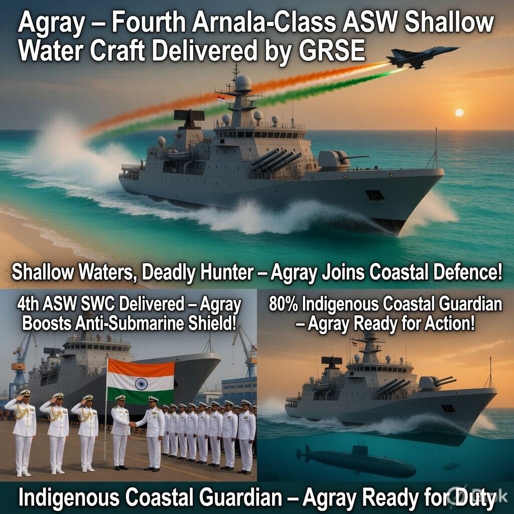 Agray Has Entered the Waters… And It’s Hunting.
Not the biggest warship.
Not the loudest.
But in shallow waters… it’s the one submarines fear the most.
India just inducted its **4th ASW Shallow Water Craft – Agray**
Torpedoes ready. Rocket launchers locked.
Built for one mission: **Find. Track. Destroy.**
Cutting aggressively through shallow turquoise waters, **Agray** represents a new era of coastal warfare—where speed, stealth, and precision matter more than sheer size. Designed specifically for Anti-Submarine Warfare (ASW), this compact yet lethal platform is engineered to dominate India’s littoral zones, where larger warships struggle to operate effectively. With advanced sonar systems scanning beneath the surface and rapid-response weapons on standby, Agray ensures that no underwater threat goes undetected.
*Coastal Hunter in Action*
Imagine the spray flying high as Agray accelerates through tight coastal corridors, locking onto hidden submarine signatures. Every movement is calculated. Every system is primed. This is not just patrol—it’s active hunting.
🎖*Induction Pride*
At the jetty, a powerful moment unfolds—crew members standing tall, saluting as Agray officially joins the fleet. Backed by the legacy of GRSE and the strength of Indian engineering, this delivery marks yet another milestone in strengthening national security. The Indian flag waving in the background is more than symbolic—it’s a reminder of the mission this vessel carries forward.
*Technology That Sees the Unseen*
Agray’s sophisticated sensors and sonar dome act like underwater eyes, capable of detecting even the quietest submarines. Combined with anti-submarine rockets and torpedoes, it forms a complete kill-chain system designed for modern naval warfare. Whether it’s tracking, shadowing, or neutralizing threats, Agray is always one step ahead.
🇮🇳 *80% Indigenous – Built for Bharat*
Proudly embodying the spirit of *Atmanirbhar Bharat*, Agray showcases India’s growing defence manufacturing capabilities. Every system, every component reflects a push towards self-reliance without compromising on cutting-edge performance.
*Small Size. Massive Impact.*
Don’t let its size fool you—A
