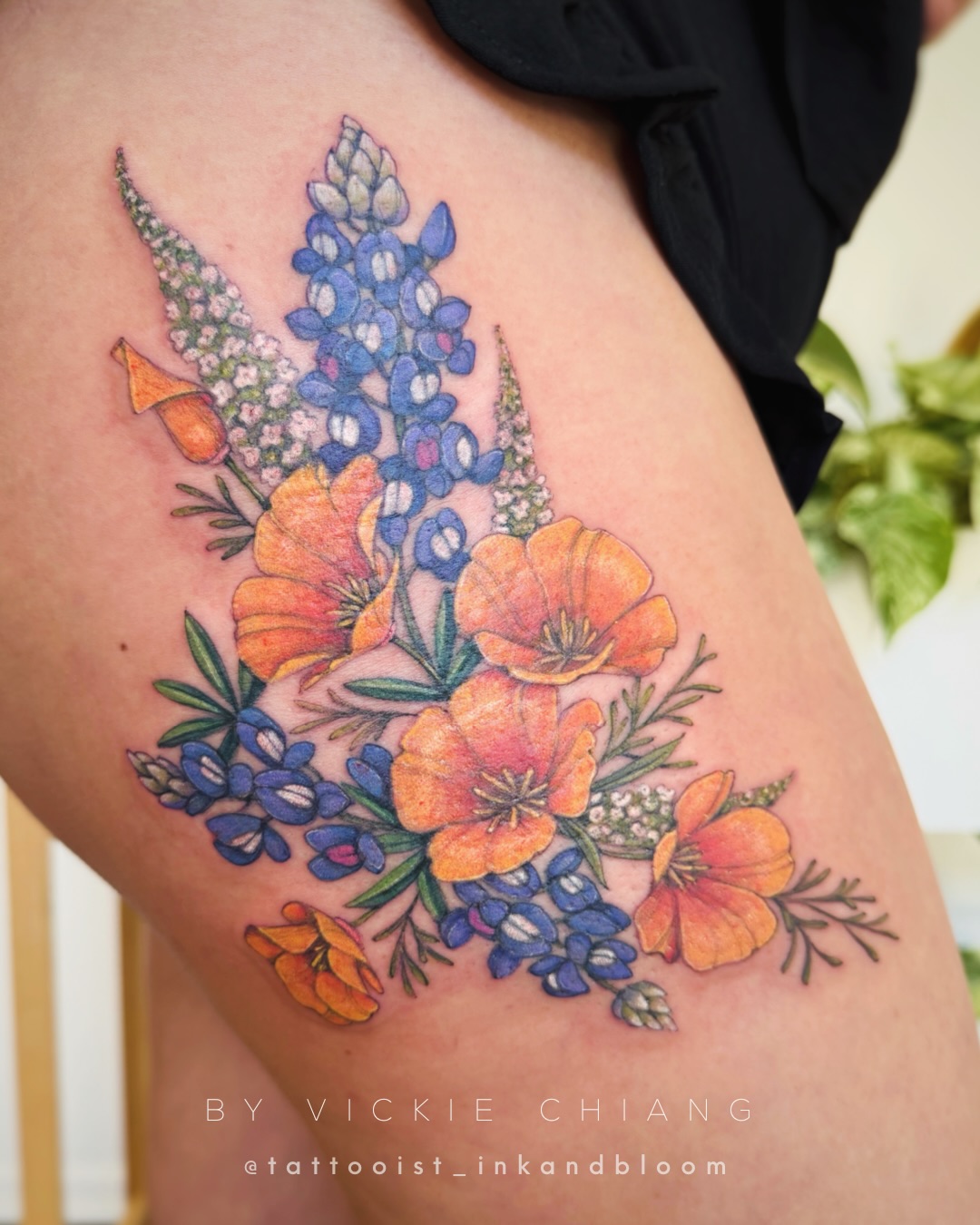 Veronica's thigh tattoo features California poppies, Texas Bluebonnets, and white Veronica flowers ♡
#thightattoo #botanicaltattoo #floraltattoos #flowertattoos #latattooartist