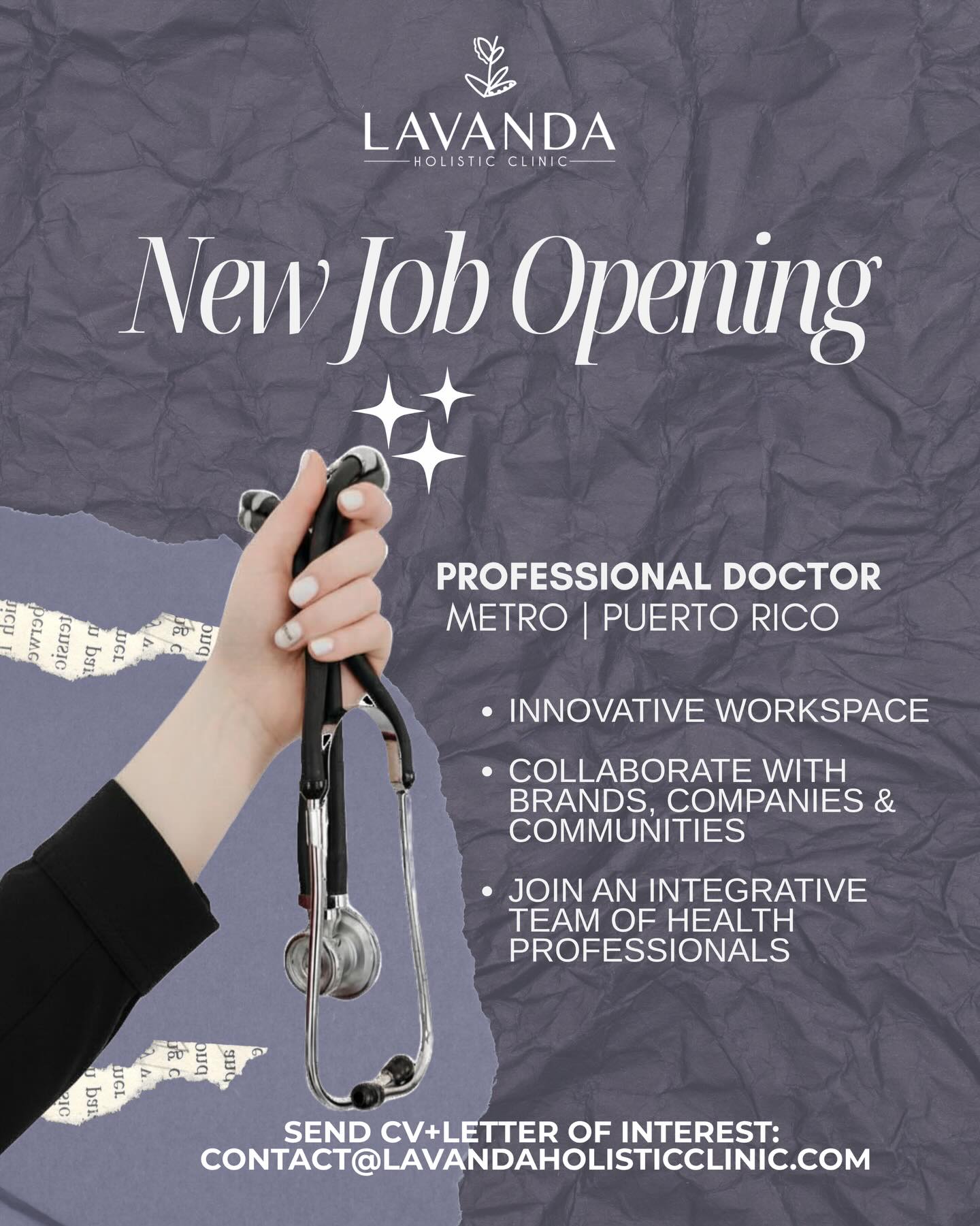 Esto es para ti — o para alguien que deberías taggear 👀
En Lavanda Holistic Clinic queremos sumar a nuestro equipo un/a doctor/a con enfoque en el paciente, mentalidad de crecimiento y ganas de hacer las cosas diferente.
Aquí no es solo ver pacientes — es crear experiencias, educar y ser parte de algo que está transformando la manera en que se vive la salud en Puerto Rico.
Si te resuena, queremos conocerte.
📩 CV + carta de interés: contact@lavandaholisticclinic.com