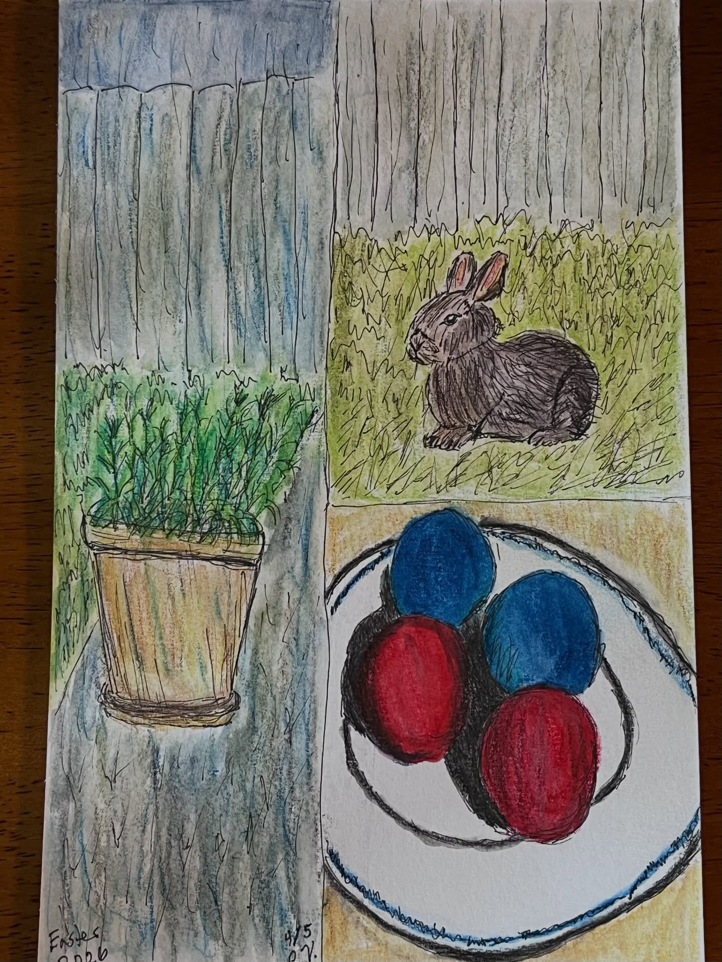 Felices Pascuas! Kali Kyriaki ton Vaion! Kaló Páscha! I’m a Greek Catholic so I celebrate Easter twice a year. That means today and next Sunday this year. Unless both Easters land on the same day.
If you celebrate, I hope we can pray for peace around the world and for all who are suffering in the US and internationally. Hopefully things change soon.
Since I’m focusing on @pleinairpril this month (with a little bit of urban sketching @urbansketchers), I felt like today’s artwork would lean into the Springtime season. Thanks for @katie_moody for letting me know of this En Plein Air art challenge this month.
Yes, those are cascarones, including the traditional Greek red eggs. Plus I had to capture the much needed rain that’s been falling today and the local rabbits that I miss seeing around my house, especially this time of year. Now I need to go work on writing more poetry for National Poetry Writing Month, but most of all, for my next poetry book manuscript. #GreekLatina #IndieAuthor #IndieArtist #PleinAirpril #USkAprilPrompts2026