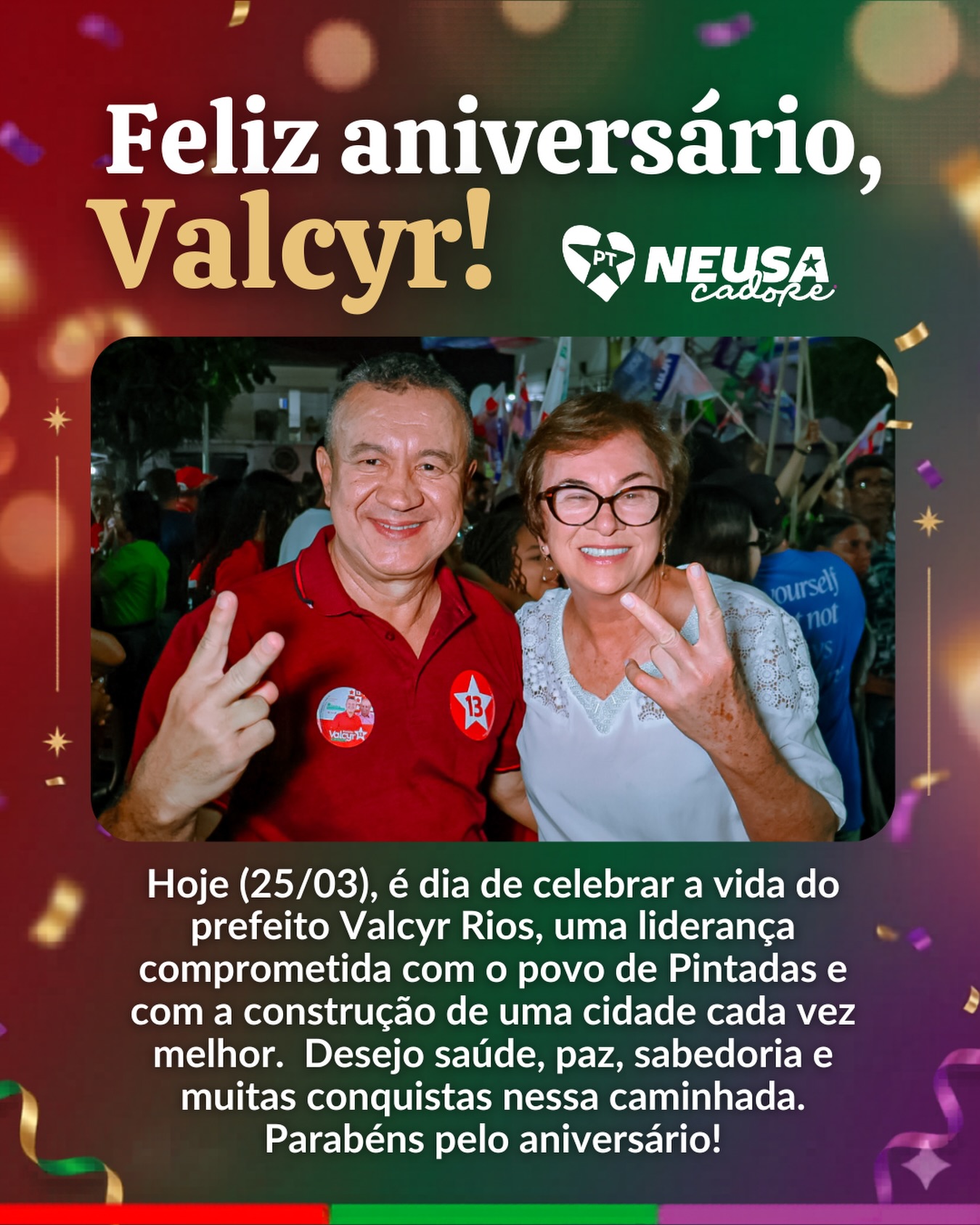 Hoje é dia de celebrar a vida do prefeito Valcyr Rios, uma liderança comprometida com o povo de Pintadas e com a construção de uma cidade cada vez melhor. Desejo saúde, paz, sabedoria e muitas conquistas nessa caminhada. Parabéns pelo aniversário!
#Pintadas @valcyroficial