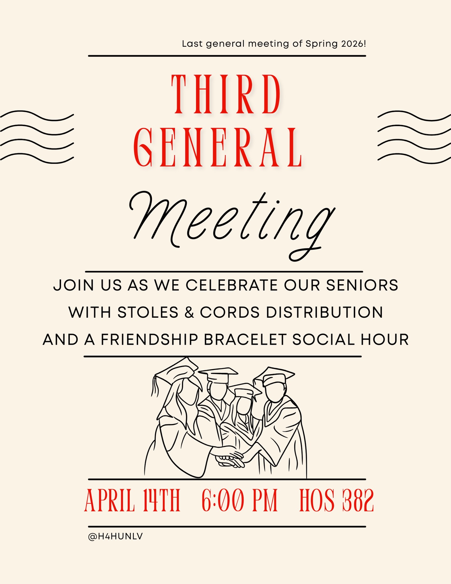 Join us for our third general meeting! Come celebrate our amazing seniors with us as we give out stoles & cords and enjoy a friendship bracelet social hour 🫶members attend will get one meeting hour + one social hour (if you attend in person)!
Come make memories with us before the semester ends!