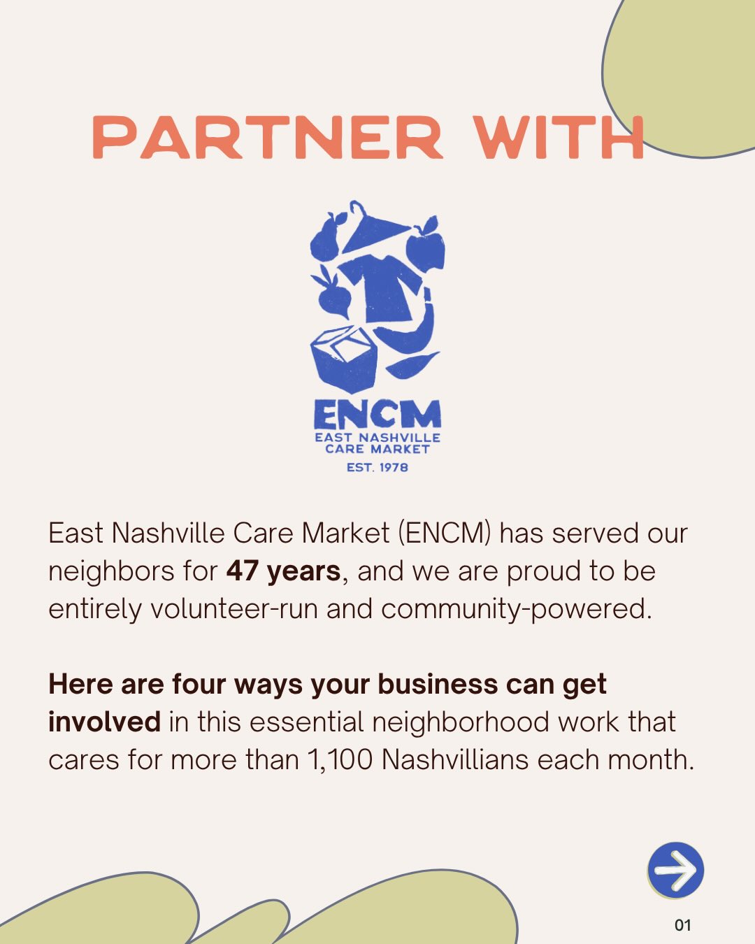 If you’re a local business, we need your help to serve our neighborhood! Local is our life blood, and new partnerships help us make sure we can feed East Nashville for many years to come. Would you consider one of these ways to collaborate?