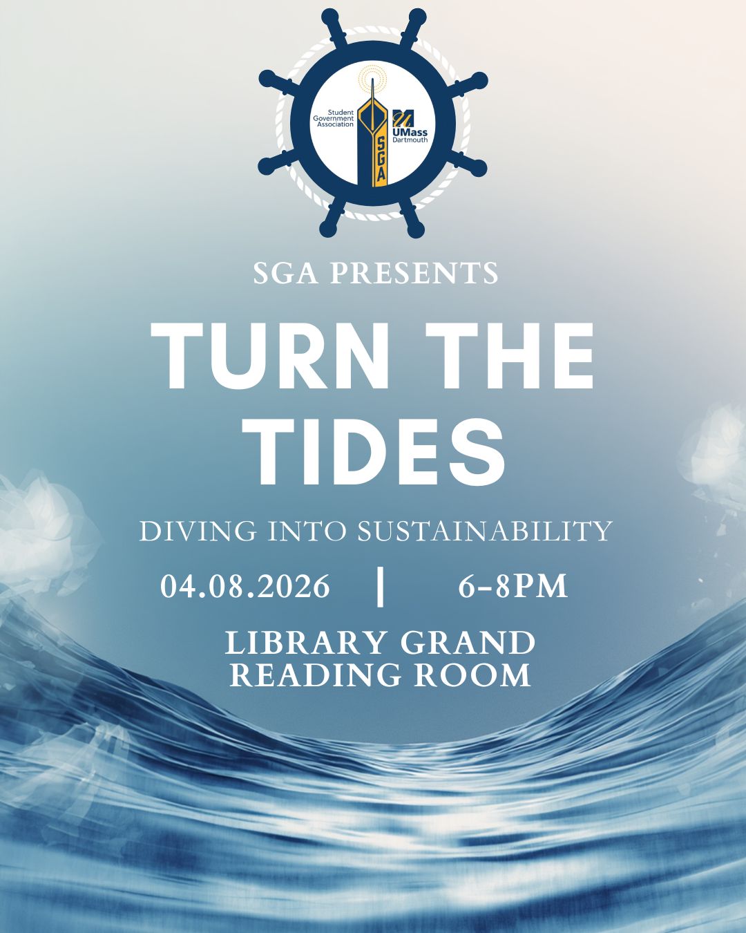 Join us for our annual event Turn The Tides, with the theme focusing on Sustainability on Wednesday April 8th from 6-8pm in the Library Grand Reading Room! Featuring questions to a panel of administration, food and refreshments, and giveaways! We hope to see you there!