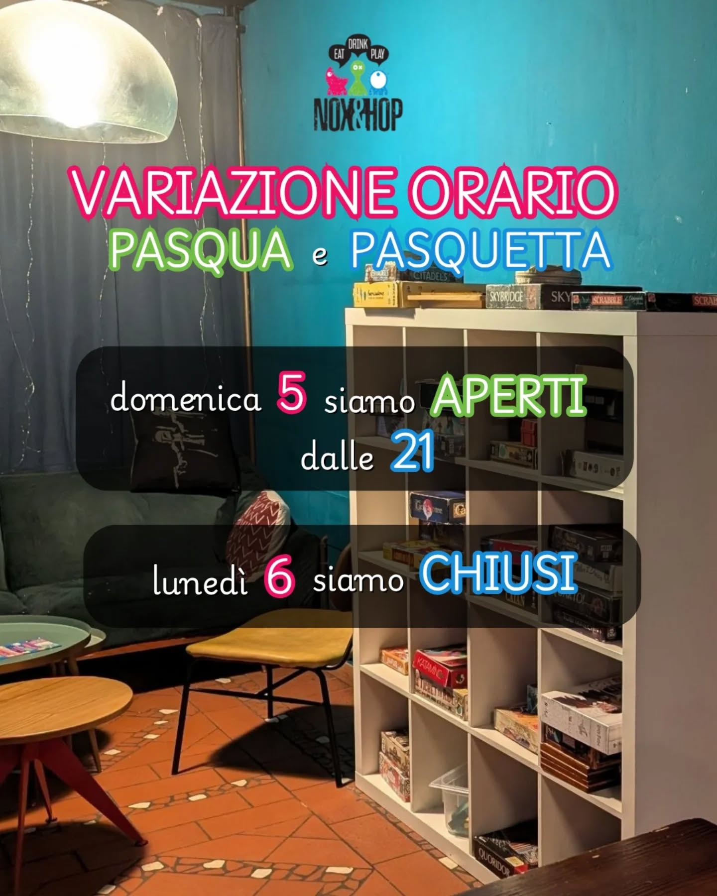 Importante variazione di orario per i giorni di pasqua e pasquetta 👇🏻👇🏻
🥚 domenica 5 aprile apriamo alle 21! Sarà possibile ordinare burger e fritti regolarmente, solamente un'ora più tardi del solito
🐰 lunedì 6 aprile siamo chiusi ❌
Ci vediamo poi regolarmente da martedì 7 aprile!
Tutti gli eventi e i limited edition di aprile devono ancora essere annunciati, quindi continua a seguirci per rimanere aggiornato!
📌 Nox&Hop 🎲 Ludo pub a Limite sull'Arno FI
