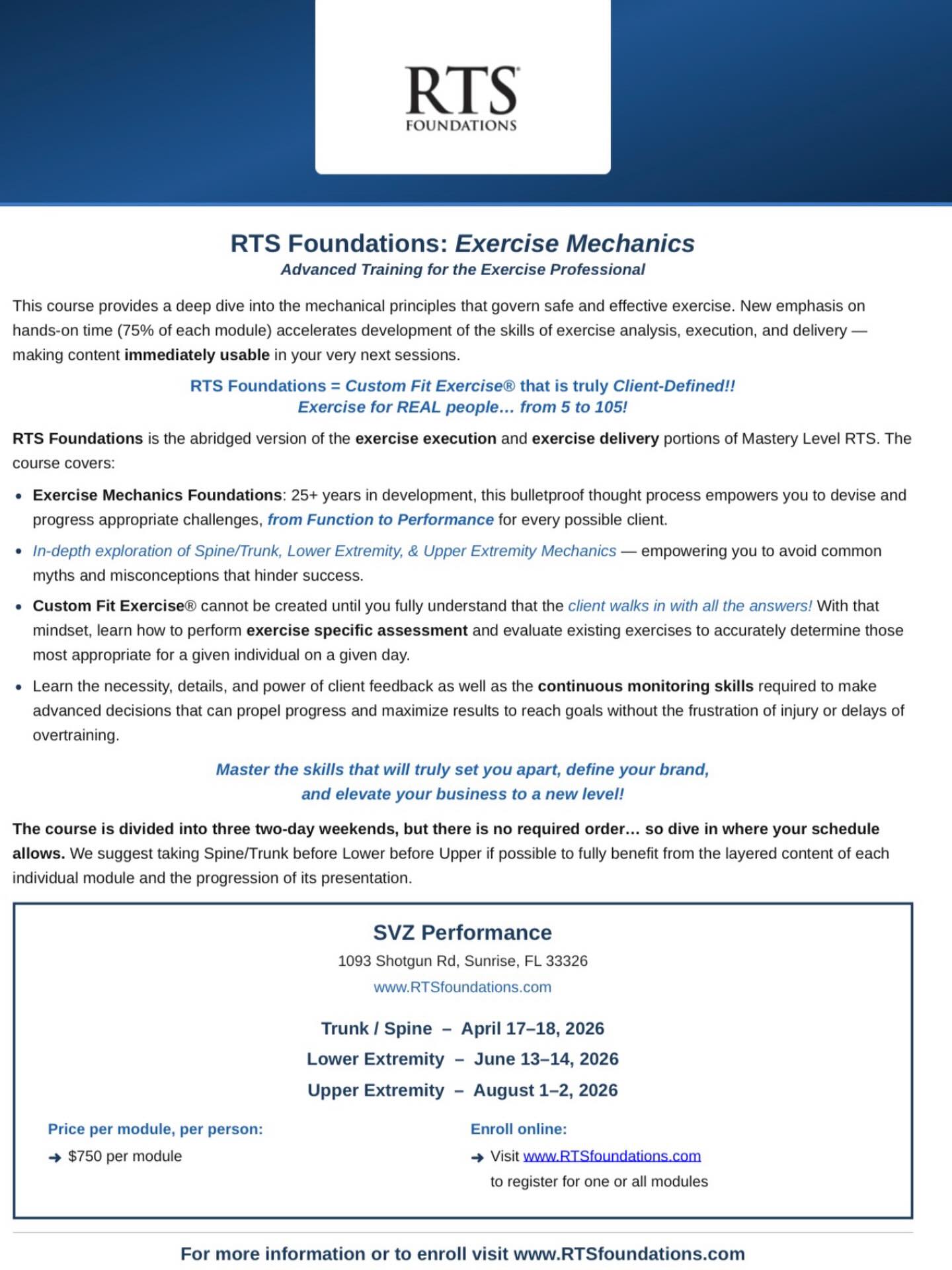 Advance your skills, redefine your methods, and grow into the professional you were meant to be. Enrollment is limited. Register today before you miss out. RTSfoundations.com #rtsnation #takerts #personaltraining #exerciseprofessional #exercisemechanics