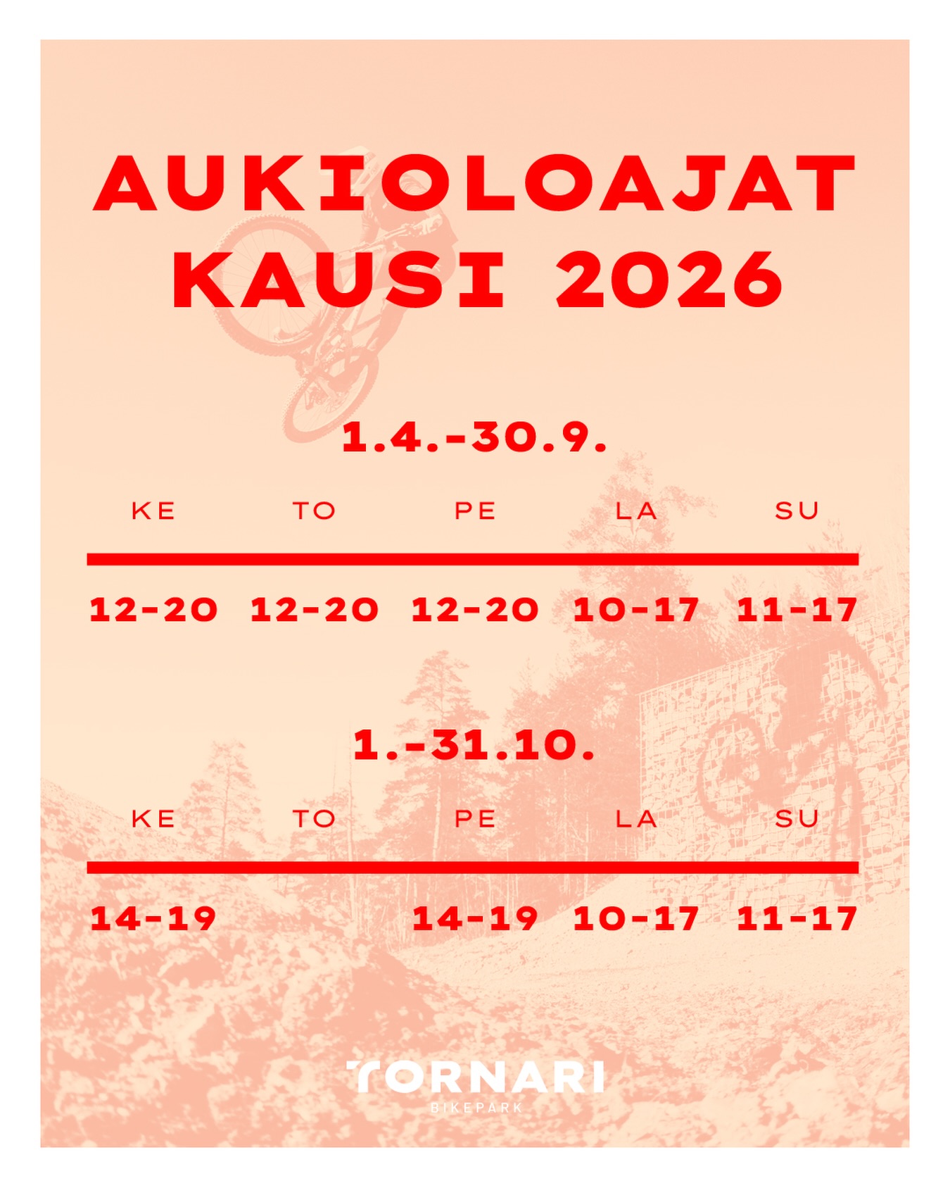 Varaslähtö kesään 🌞🌞🔥
Suomen 2026 bikepark-kesä alkaa Tornarissa ensi keskiviikkona 1.4. Ja ei, tämä ei ole aikaista aprillipilaa.
Isot aukiolot, paljon mäkiaikaa. Kausarille vastinetta. Kauempaakin kelpaa 🤝
👉 Onko kausari vielä hankkimatta? Linkki biossa. Kausarilla ajat 1.4.-31.10.
Nähdään mäellä 🫡
🇬🇧
English: Early start to summer 🌞🌞🔥
Finland’s 2026 bike park summer starts in Tornari next Wednesday, April 1st. And no, this is not an early April Fools’ joke.
Big opening hours, lots of time on the hill. Good value for season pass holders. Worth coming from farther away too 🤝
👉 Still don’t have your season pass? Link in bio. With the season pass you ride from April 1st to October 31st.
See you on the hill 🫡