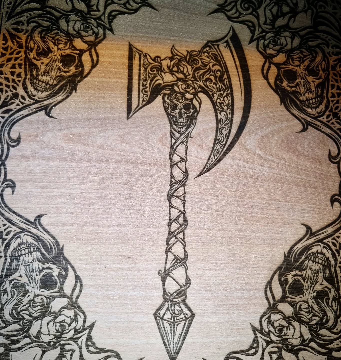Let there be voodoo axe warriors that charge into your foes and then write about their rain of blood and torment in their journals of Australian FSC Sourced Coachwood Woods... lol.
The art came out so cool on this one and the woodgrain will be *chefs kiss* when varnished ready for renfair! ♡♡♡ ☺️
#handmadewithlove #axe #australianwood #renfaire #skullart