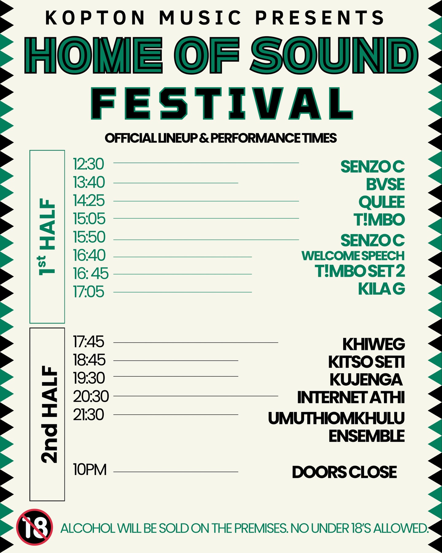These are the performance times for the Home of Sound festival!🥹🇿🇦🔥We’ve also put together a slide to let you know what to expect at the venue. Strictly no under 18’s allowed and please drink responsibly.💚
#homeofsoundfestival #liveevents #koptonmusic #livejazz #capetown