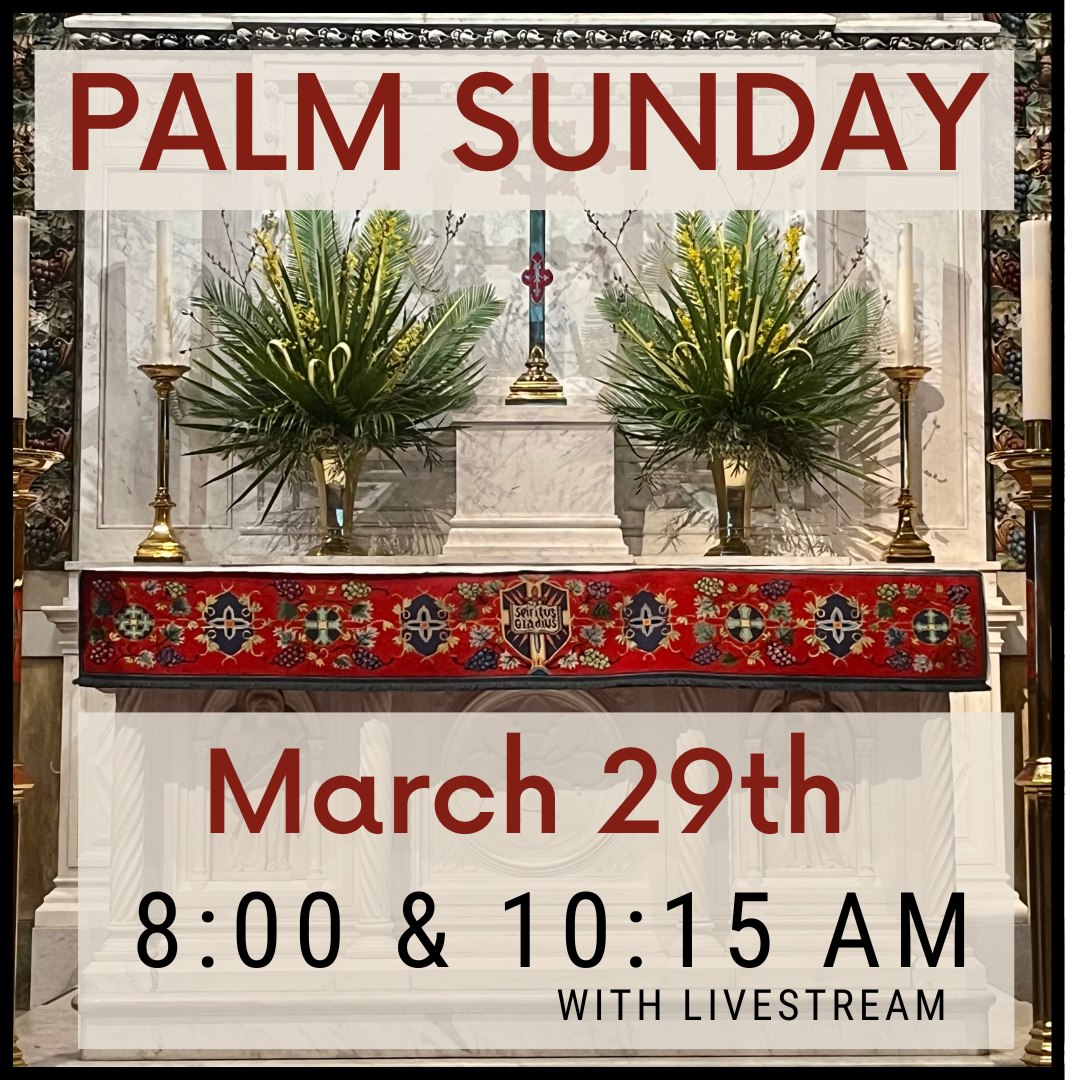 SUNDAY, March 29th - PALM SUNDAY
8:00 am: Holy Eucharist
9:00 am: Search Committee "Town Hall Talks"
10:15 am: Holy Eucharist with Music & ASL
11:30 am: Fellowship Hour
11:30 am: Search Committee "Town Hall Talks"
11:30 am: Chorister Practice