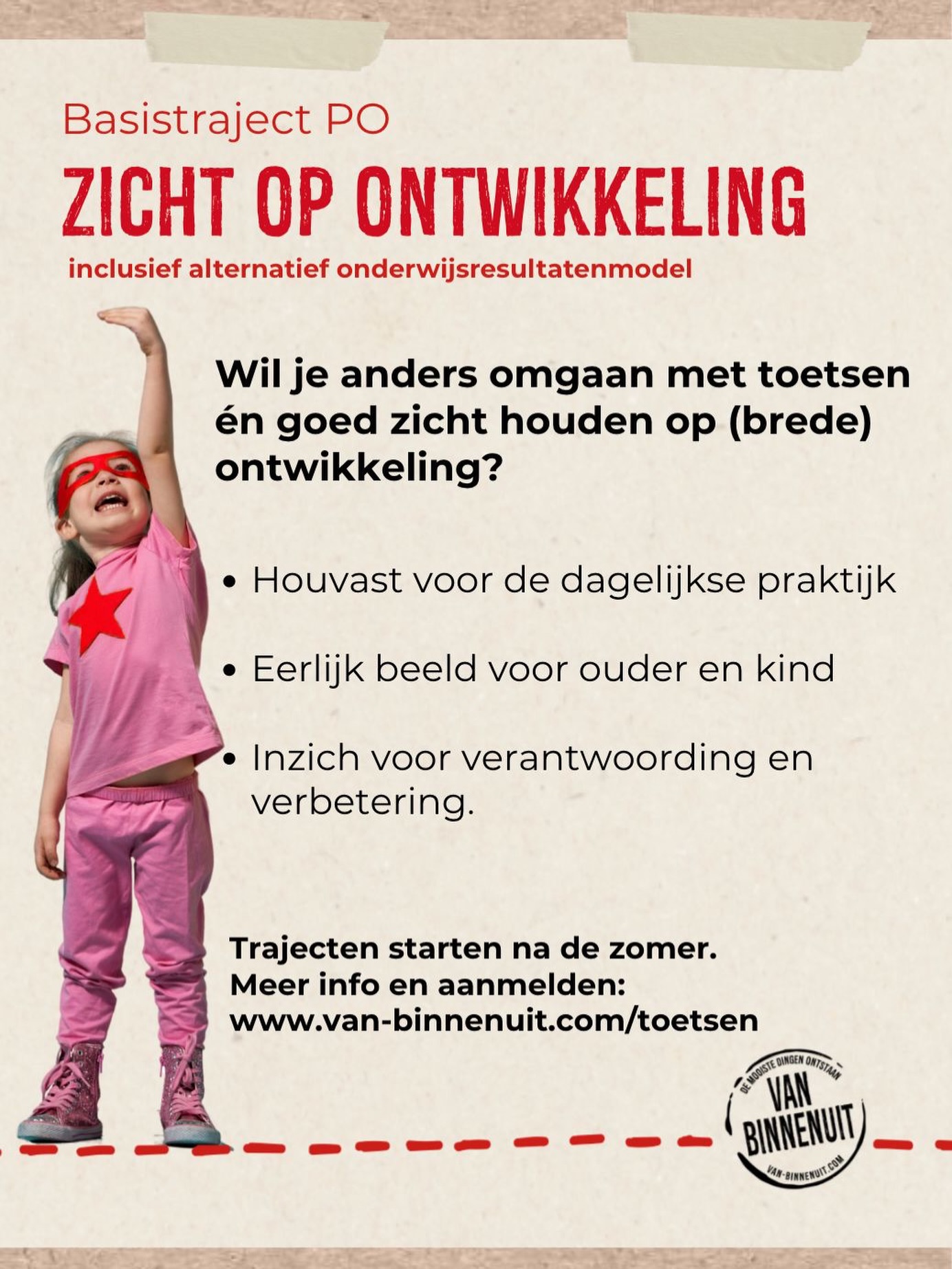 Basistraject
๐ญ๐๐๐๐ง ๐ข๐ฃ ๐ข๐ก๐ง๐ช๐๐๐๐๐๐๐ก๐ ๐ฃ๐ข
Steeds meer scholen zoeken naar manieren om anders om te gaan met toetsen en cijfers.
Hoe houd je dan zicht op ontwikkeling op leerling- groeps- รฉn schoolniveau? Hoe geef je ouders een eerlijk beeld van ontwikkeling? En hoe borg je kwaliteit?
Tijdens dit scholingstraject leer je ontwikkeling in beeld brengen รฉn verantwoorden zonder gestandaardiseerd toetsen.
Meld je nรบ aan. Link in bio @van_binnenuit
Incompany mogelijk voor samenwerkingsverbanden, regioโs, besturen en scholen PO. Contact voor meer info en advies: contact@van-binnenuit.com
@ik_ontwikkel #scholing #toetsenzondertoetsen #zichtopontwikkeling