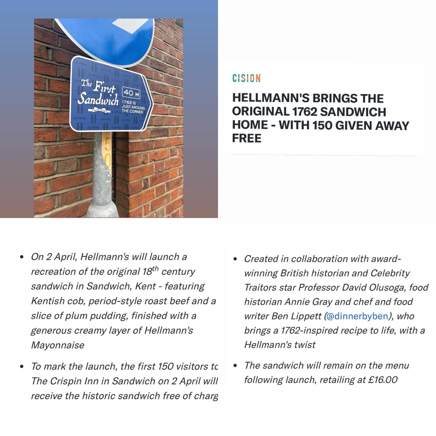 Exciting times in Sandwich starting April 2nd. @the_crispin_inn_sandwich will be preparing THE original sandwich of Sandwich: a Kentish cob, roast beef, plum pudding and a generous dash of @hellmannsuk
The first 150 patrons to visit on April 2 will receive a free sandwich. It will then remain on the menu to purchase.
@olusoga @dinnerbyben @dranniegray
Come for one thing? Take the walks, stay for the food, drinks, shops and the people.
THAT IS SANDWICH 💥
#whatthreewords Catching. Intrigued. Analogy. #sandwichofsandwich
#visitsandwich #dayoutkent #hellmansmayo