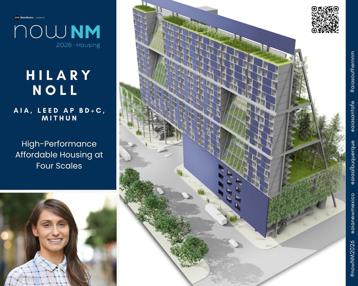 nowNM 2026 Housing presents: High-Performance Affordable Housing at Four Scales with Hilary Noll, AIA, LEED AP BD+C, Mithun. Get your conference tickets at aianewmexico.org/events!
This session explores the intersection of social equity, climate resilience, and technical rigor through the lens of mission-driven, integrated design. By analyzing affordable housing across four distinct scales—the building system, the site, the neighborhood, and the regional ecology—this lecture demonstrates how architects can deliver restorative environments for historically underserved communities. Drawing on award-winning projects and research into regenerative design, the presentation highlights strategies for decarbonization and electrification, such as those utilized in pioneering all-electric modular housing. Attendees will discover how to bridge the gap between high-performance building metrics and human wellbeing, creating place-based solutions that enhance both urban ecology and the user experience.
📆 Friday, April 24th @ 11:00am
📍 National Hispanic Cultural Center
Thank you to our Breakfast & Lunch Sponsors - Spears Horn Architects, Design Office, and Schroeder Sales!
More sponsorship opportunities available on event website.
#nowNM2026 #architecture #design #housing @mithun_design @spearshornarch @schroedersales @aiaalbuquerque @aiasantafe #aiasouthernnm