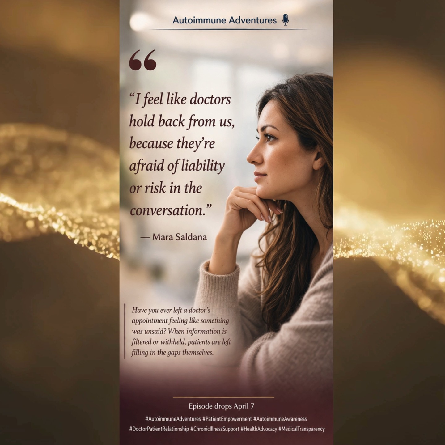 There’s a moment many patients know all too well.
You leave an appointment…
and something doesn’t sit right.
You wonder if there was more that could have been said.
More that could have been explained.
More that you should have asked—but didn’t know how to.
Mara Saldana speaks directly to that experience—
the subtle but powerful feeling that conversations in healthcare
are sometimes filtered, cautious, or incomplete.
Whether it’s fear of liability, time constraints, or system pressure…
patients can be left filling in the gaps themselves.
And those gaps matter.
Because when you’re managing a complex condition,
clarity isn’t optional—it’s essential.
This is why patient advocacy, preparation, and self-trust
are no longer “nice to have”—
they are necessary.
🎙️ April 7
#AutoimmuneAdventures #PatientEmpowerment #MedicalTransparency #DoctorPatientRelationship #HealthAdvocacy #ChronicIllnessSupport #InvisibleIllness