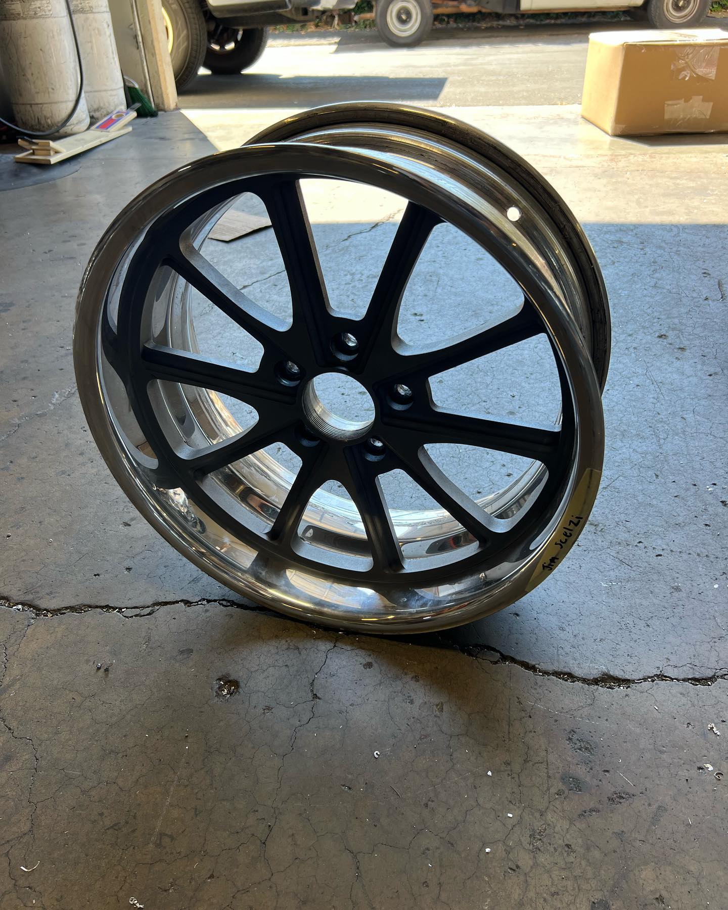 This wheel just came in to re-hoop. Someone didn’t tighten some of the lugs and it came loose. I look at the back of the wheel and noticed a unique form of welding wheels, ten 1.5” welds.