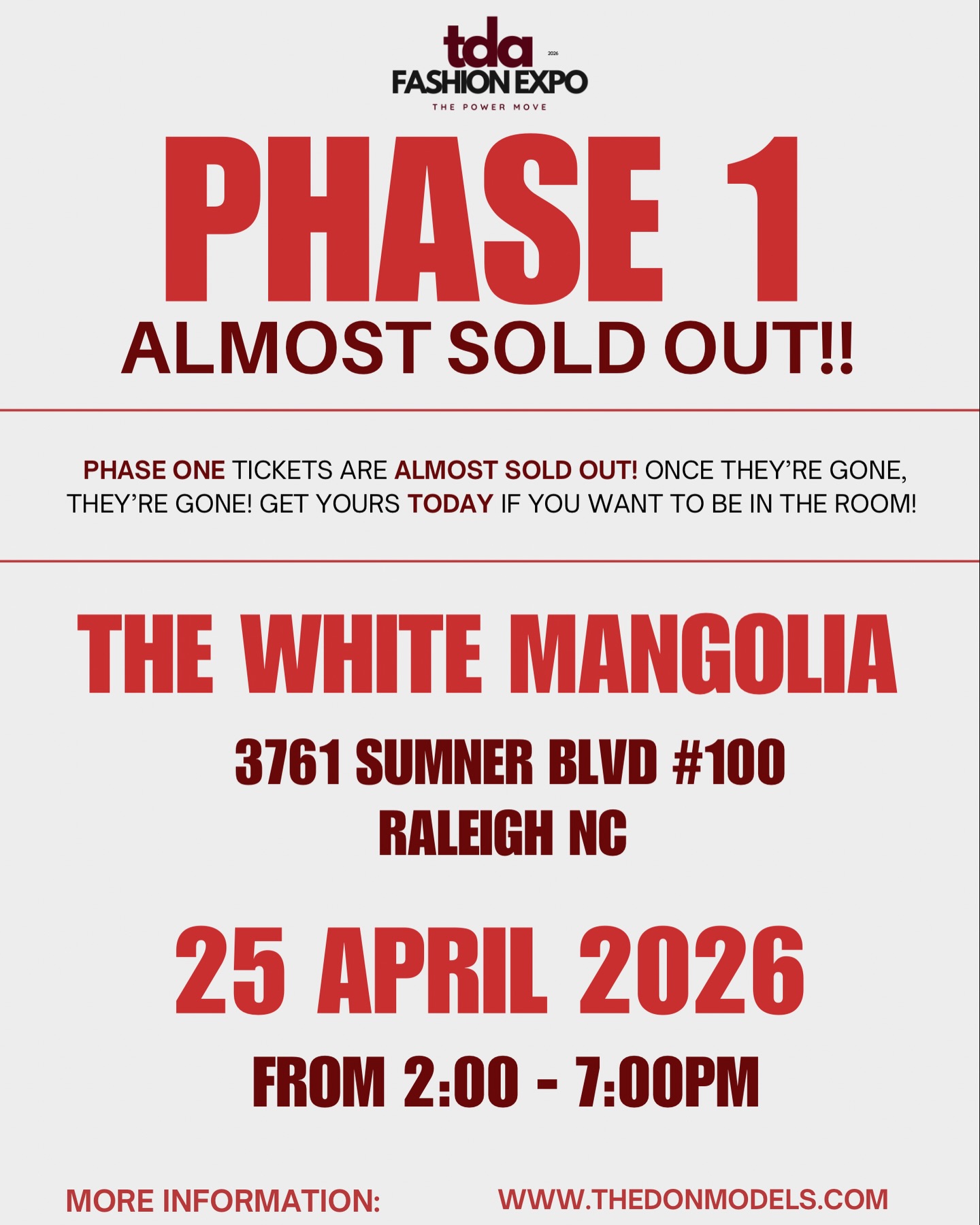 WAIT… 👀
If you don’t have your ticket yet, this is your time to stop playing 🚨
PHASE 1 is almost SOLD OUT.
Not “you have time”…
Not “I’ll get it later”…
Once it sells out, that’s it.
And trust me… this is NOT the event you want to be watching from your phone after 👀📱
📍 Raleigh, NC
📅 April 25, 2026
🕑 2PM – 7PM
TDA Fashion Expo is bringing:
🔥 Runway Shows
🔥 Panel Speakers
🔥 Live Performances
🔥 REAL Networking
A whole room full of creatives, entrepreneurs, and opportunity ✨
🎟️ Get your ticket RIGHT NOW
Use a model code for $$ off
Don’t say we didn’t tell you…