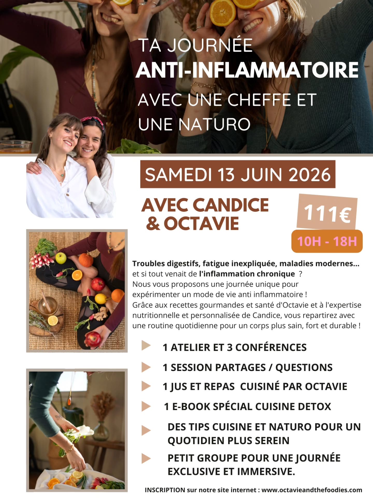 ⬇️ TA JOURNÉE ANTI INFLAMMATOIRE 🌞⬇️
..
On se retrouve le samedi 13 juin à LYON pour une journée particulière avec mon amie et cheffe @octavieandthefoodies 🌞🌸🌿
..
Vous nous avez connu avec nos formats @retraites_holistiques ? On revient en force 💥 avec un moment UNIQUE autour de l'alimentation et l'hygiène de vie anti inflammatoire 👋
..
🗓 10h - 18h à LYON, le samedi 13 juin pour t’immerger dans la cuisine et santé avec une cheffe et une naturo autour d'ateliers, conférences et partages.
..
🖐 Fatigué ? Insomnies ? Allergies ? Troubles digestifs ? Troubles hormonaux ? Ou simplement l'envie de vivre la PLEINE SANTÉ, c'est pour toi 😄
..
ℹ️ Programme : atelier pratique, 3 conférences,
1 session FAQ individualisé, un repas special concocté par Octavie mais aussi des jus, 1 ebook de recettes, des conseils personnalisés.
..
🩷 Un petit groupe pour une journée intimiste et vraiment individualisée à Croix Rousse.
..
💰 111 euros comportant temps de création animation, frais d'alimentation et ateliers.
Inscription jusqu'au 20/05 - 12 PLACES UNIQUEMENT ⚠️
..
Infos et inscriptions dans mon linktree ou MP !
..
#naturopathie #antiinflammatoire #lyon