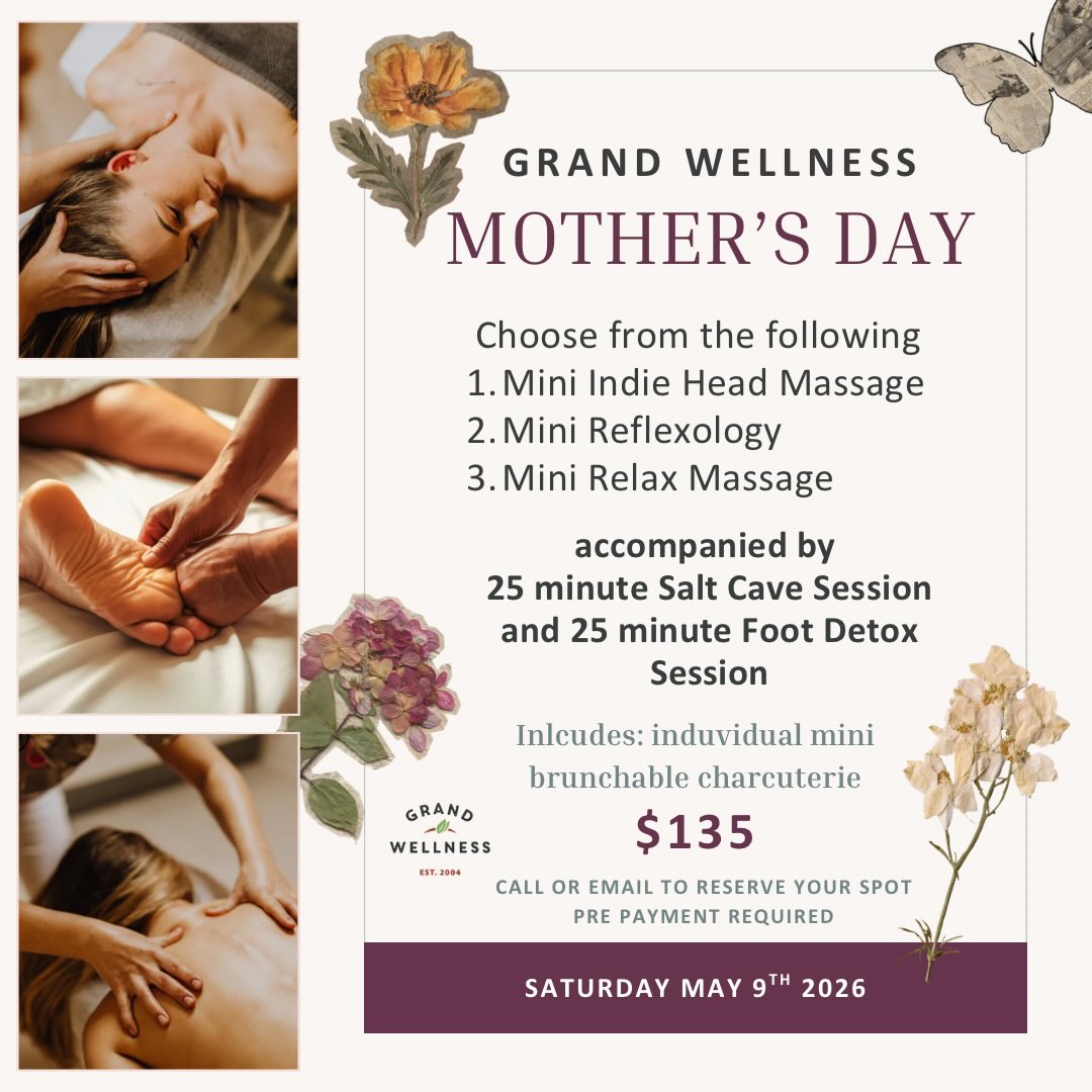Our Mother’s Day Mini Spa Special is the perfect way to show appreciation and gratitude to the wonderful moms in our lives. 💗
This special package offers a choice of rejuvenating treatments, allowing Mom to select from a mini relax massage, a soothing mini reflexology session, or a calming mini indie head massage.
Each treatment is designed to melt away stress and promote relaxation. In addition to the treatment of choice, the experience includes a 25 minute Salt Cave session and a 25 minute Foot Detox session to cleanse and revitalize the body.
To top off the pampering, Mom‘s are treated to an individual mini brunchable charcuterie from @charcuterie_etc 🍇🧀🫓
This thoughtfully curated spa day promises a blissful escape, leaving Mom feeling cherished and rejuvenated. 💐
Call or email to reserve your spot before it’s booked up!
Prepayment Required $135
#grandwellness #dayspa #mothersday #mothersdayspaday #saltcave