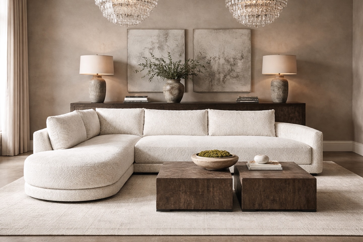 A sculptural, modern sectional wrapped in soft ivory bouclé, designed with a fluid curved chaise and clean, low-profile lines. Set within a warm, Restoration-inspired interior, the piece feels both refined and inviting, anchored by rich wood tones, layered neutrals, and soft ambient lighting for a timeless look.
#furniture #customfurniture #upholstery #customupholstery