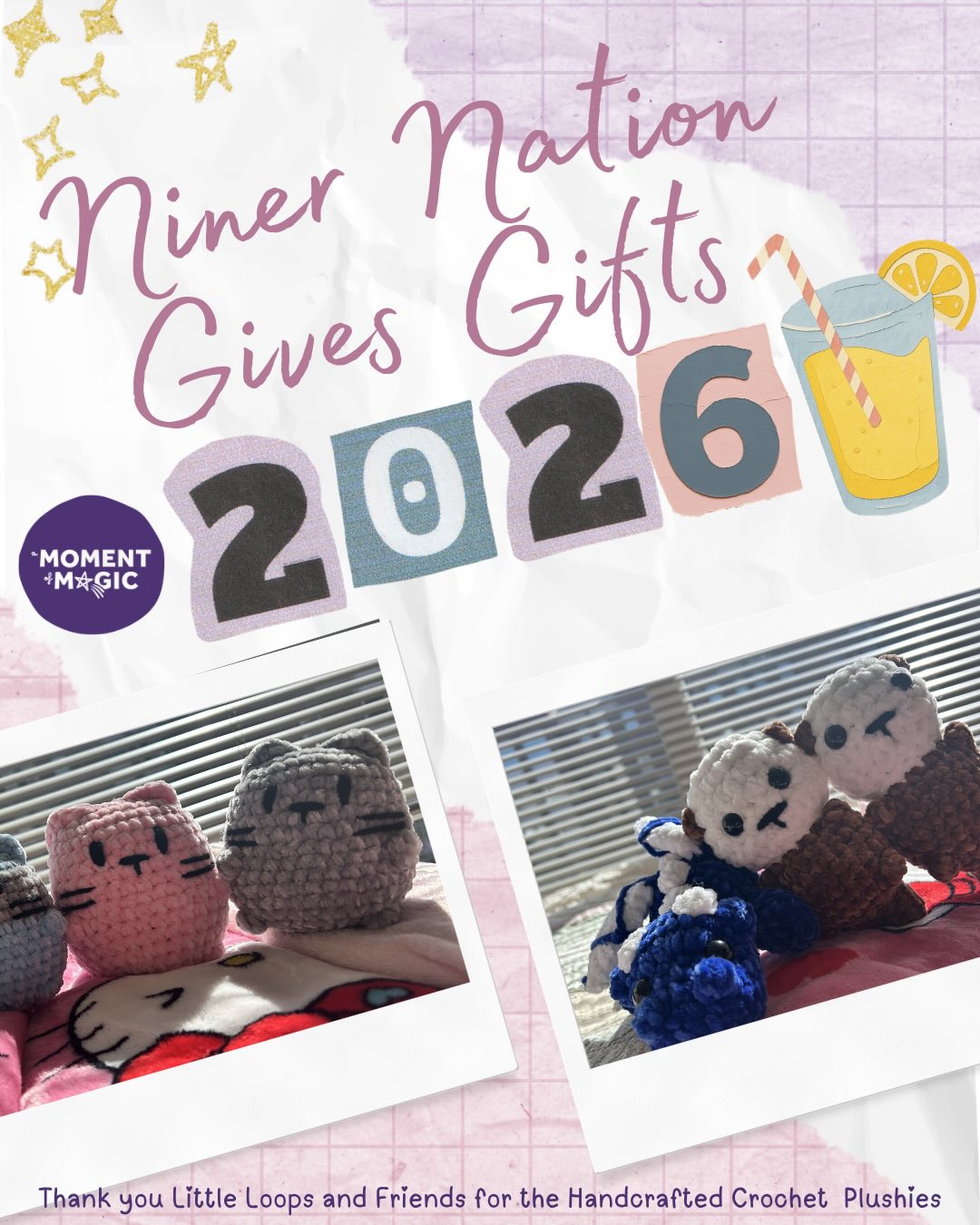 Before you scroll… this is your sign to stop by tomorrow 💛✨
We’ll be at Niner Nation Gives on April 1st from 11 AM – 3 PM serving up:
🧸 Handmade crochet plushies (cats, otters, dragons!!)
🍓🍋 Fresh lemonade (strawberry, original, blue raspberry)
Every purchase helps us bring joy, comfort, and magic to medically and socially vulnerable children 💜
Come support, sip, and shop for a cause—because even the smallest moments can mean everything 💫
#NinerNationGives #AMomentOfMagic #SpreadMagic #MakeADifference #SupportNonprofits