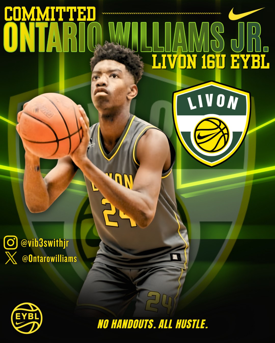 WELCOME TO LIVON EYBL 16U 💚💛
Ontario Williams Jr. is officially COMMITTED.
No shortcuts. No handouts.
Just work.
Built for this stage. Now it’s time to prove it.
#LivOn #EYBL #NoHandoutsAllHustle #NextUp
@vib3swithjr @editsbyuti